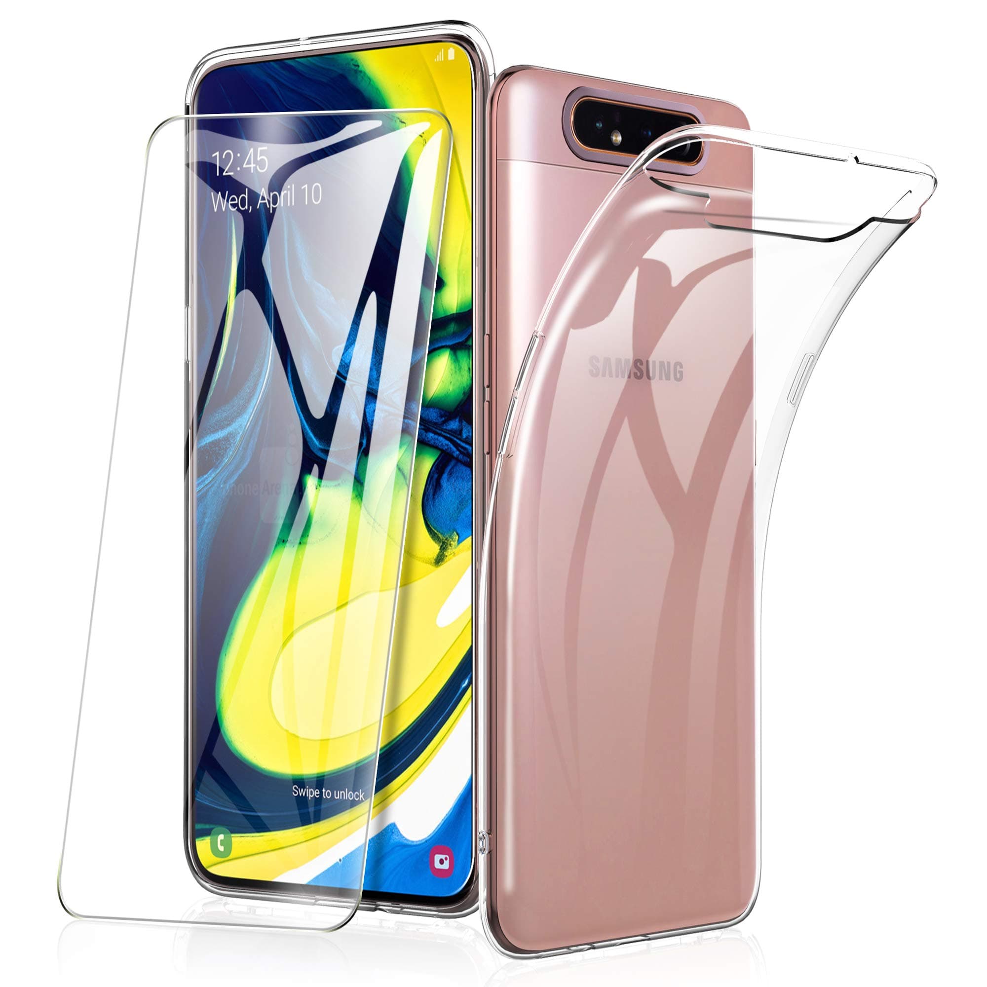 HOUROC Samsung Galaxy A80 case + Screen Protector, Samsung Galaxy A80 Clear Case With Flexible Soft TPU, Tempered Glass Anti-scratch 9H Hardness For Samsung galaxy A80.