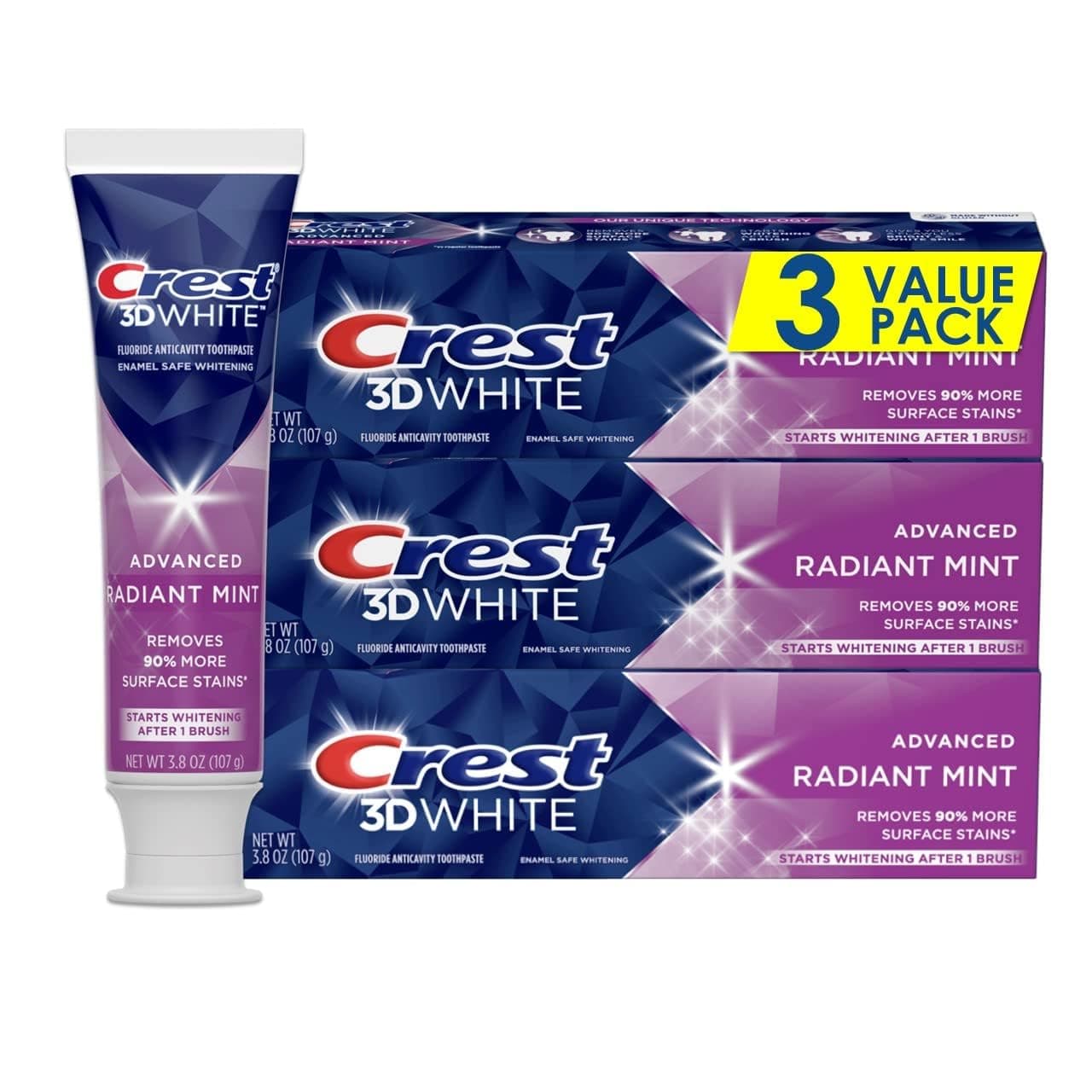 3D White Advanced Teeth Whitening Toothpaste, Crest 3D White Brilliance Toothpaste, Radiant Mint, 3.3 oz, Pack of 3