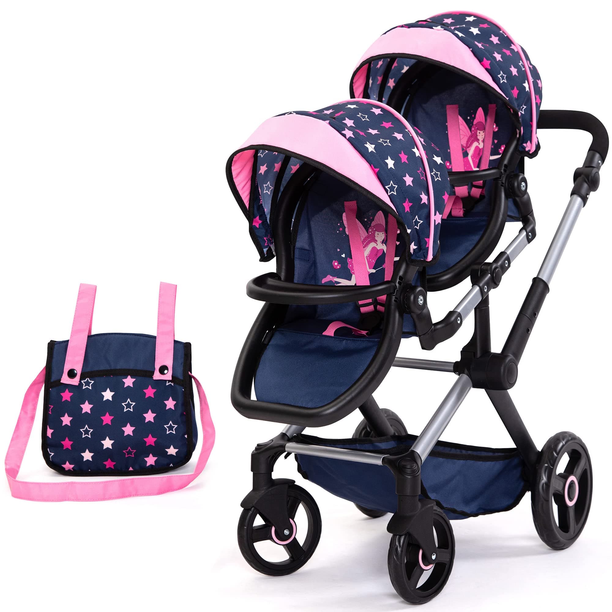 Bayer Design 26716AA Twin dolls pram, carriage, adjustable handle, foldable, bag, blue, pink, stars