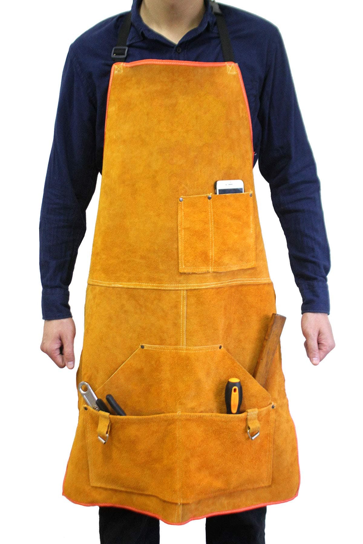 Leather Welding Apron Flame-Resistant Heat Resistant Work Apron Fire Resistant Welding/Welder Smock, 24 x 36 Inch, 6 Pockets