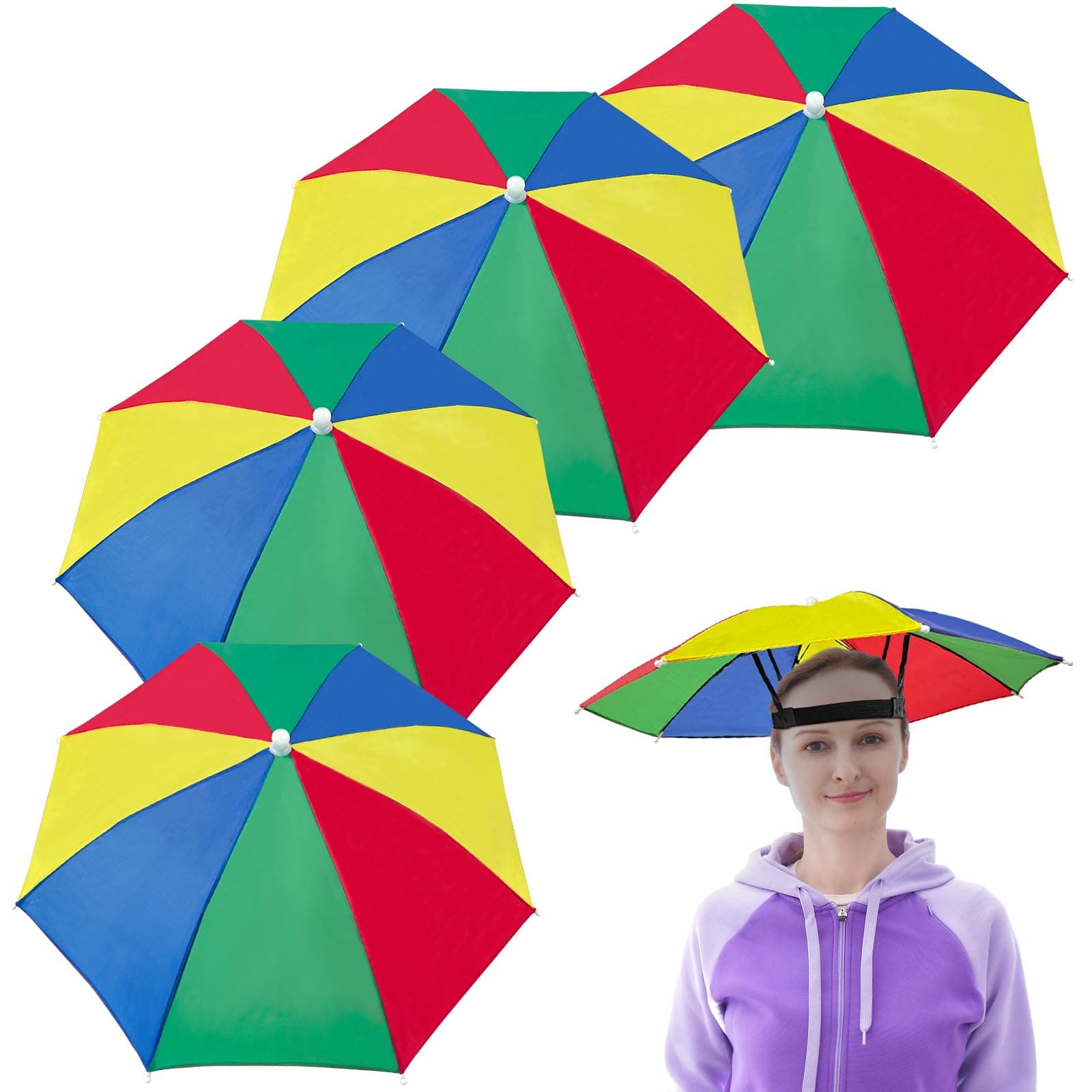 Guyuyii 4-Pack Hands-Free Umbrella Hat with Adjustable Headband - Sun Shade & Rain Cap for Gardening, Fishing, & Dog Walking - Comfort Fit for Outdoor Festivals, Camping & Gag Favors for Kids, Adults