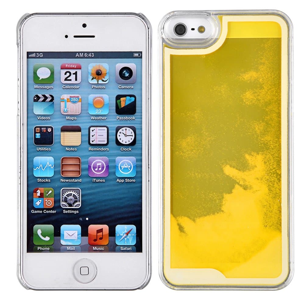 Fluorescent iPhone 5 5S Case-Yerwal Glow in the Dark Fluoresent Quicksand Liquid Hard Case Clear Cover For iPhone 5 5G 5S-Yellow