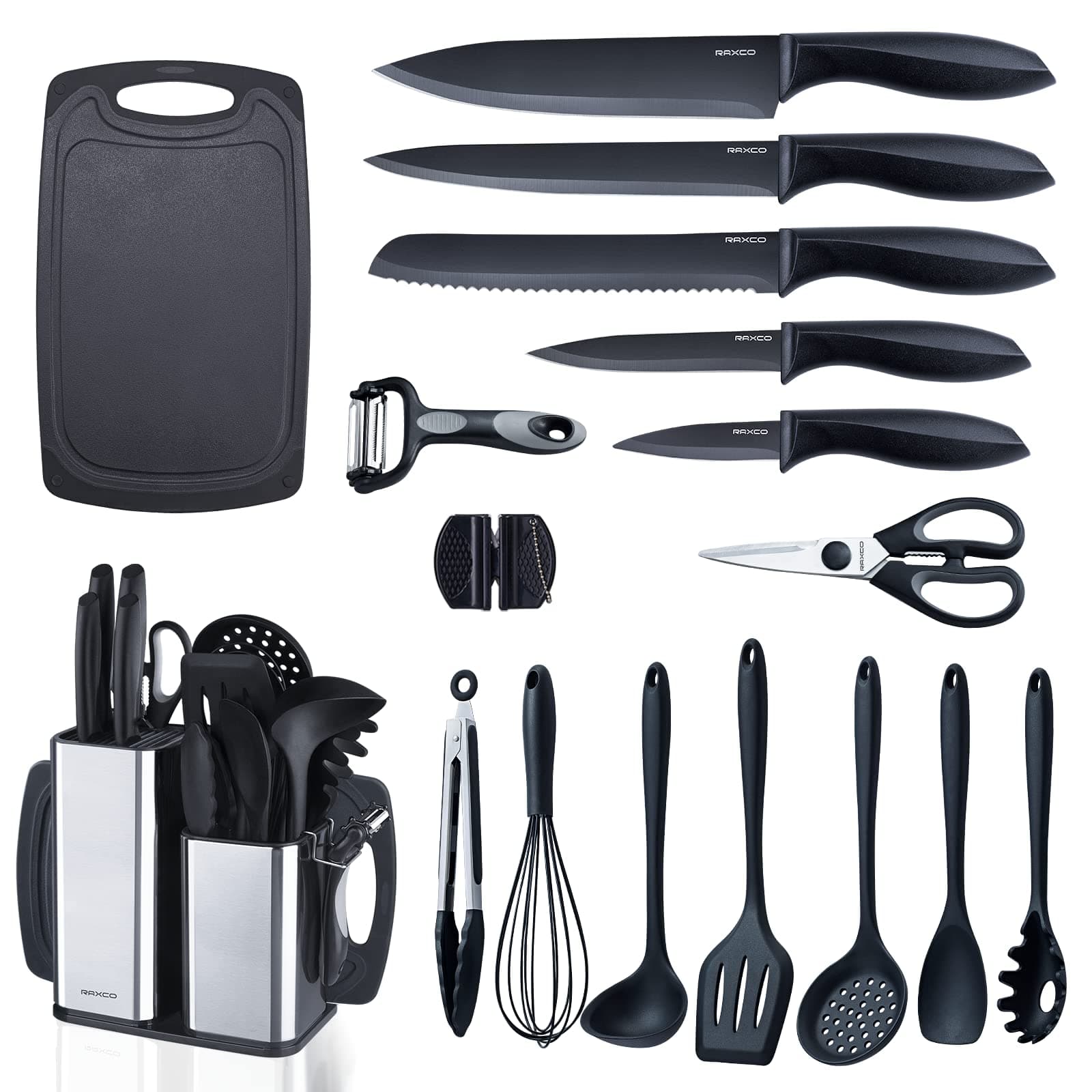 RAXCO Kitchen Utensils Set For Cooking-7 Cooking Utensils,5 Kitchen Utensils,6 Knife set,utensilios de cocina(18-in-1) (Black)