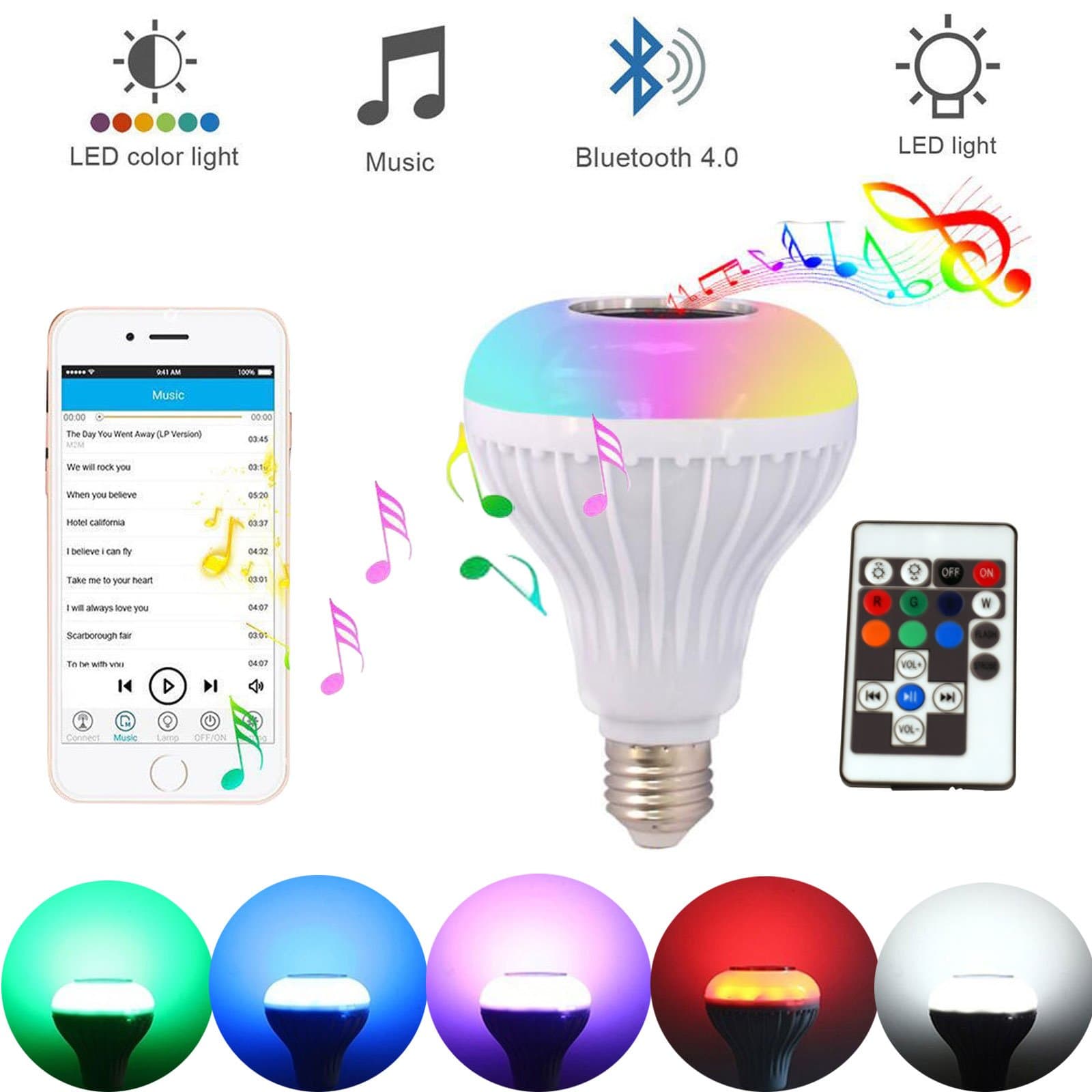 RANPO LED Bluetooth Speaker Music Light Bulb,6W Dimmable Smart Lights Fixture Set,Stereo Audio E27 RGB Changing Lamp, Wireless Controll with 24 Key Remote Controller Disco Bulbs Lamps 110 V to 220V