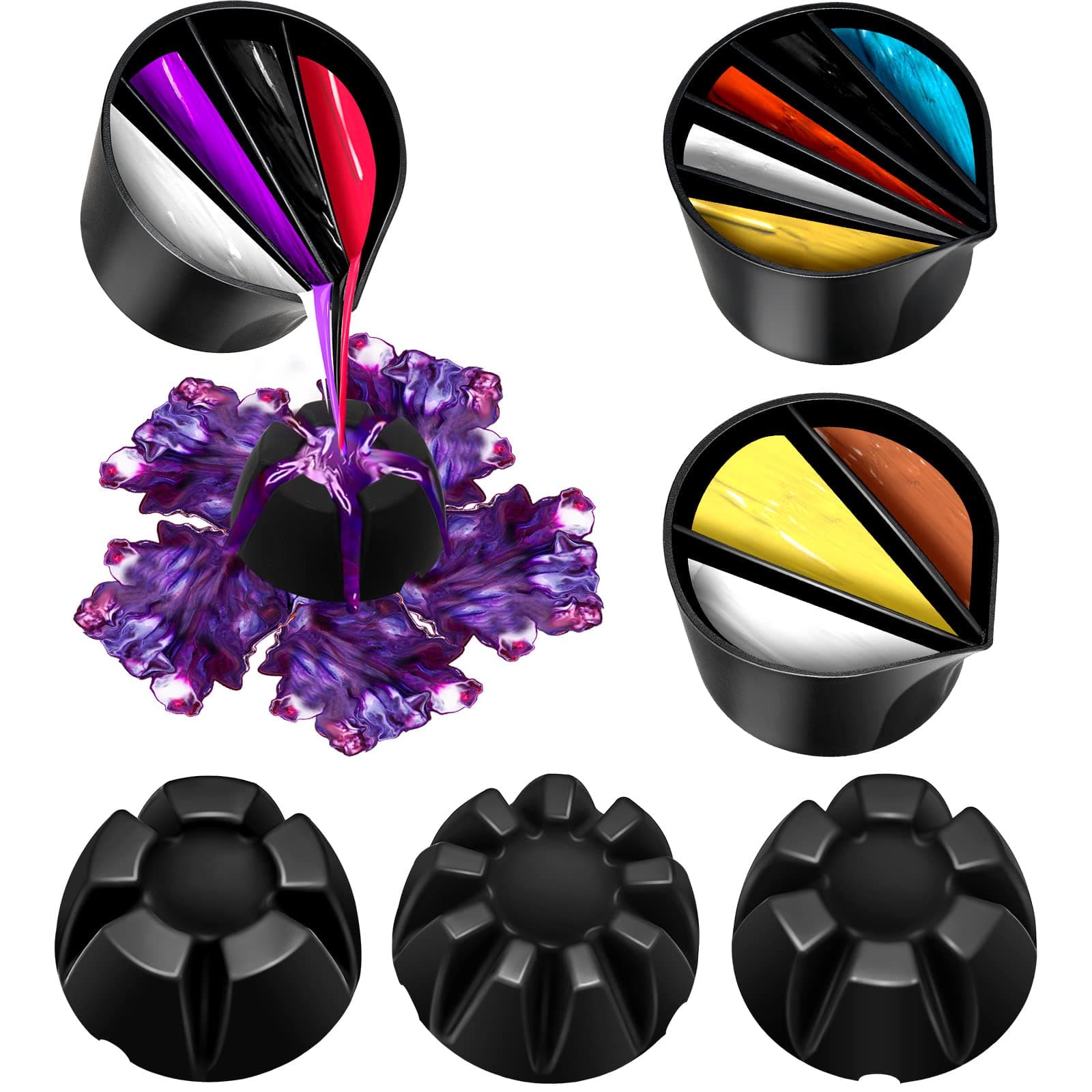 7 Pieces Split Cup for Paint Pouring 3 Flower Pour Cup 4 Paint Mixing Cup Silicone Pouring Cup Pour Painting Supplies for Acrylic Paint Resin Pouring DIY Making Tools (Black)