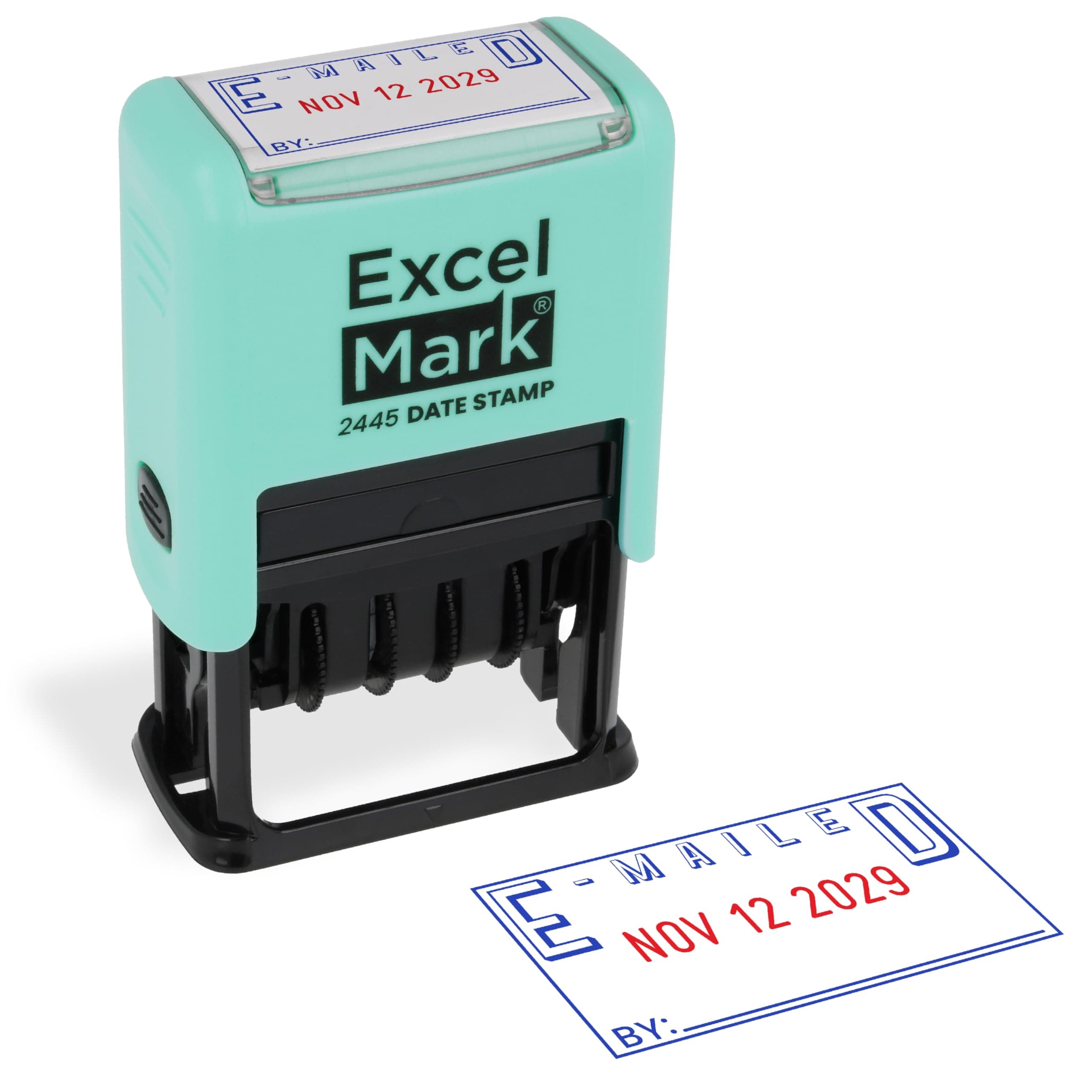 ExcelMark 2445 Date Stamp with Text - Blue and Red Ink (Seafoam Mount, Emailed)