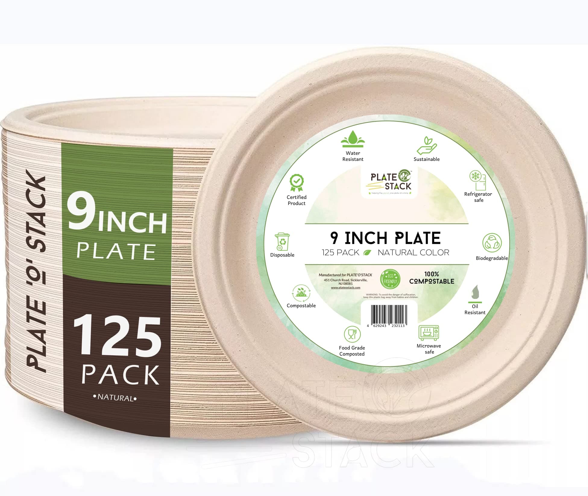 100% Compostable Disposable Paper Plates [125-Pack] - (PFAS-Free) - (BPI Certified) - [9 Inch] Heavy Duty, Eco-Friendly, Biodegradable Bagasse Dinner Plates - Natural Brown 9" Plate by Plate'O'Stack