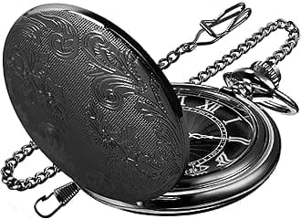 Carved Flower Quartz Pocket Watch with Quartz Movement, Pocket Watch with Chain Clip for Men