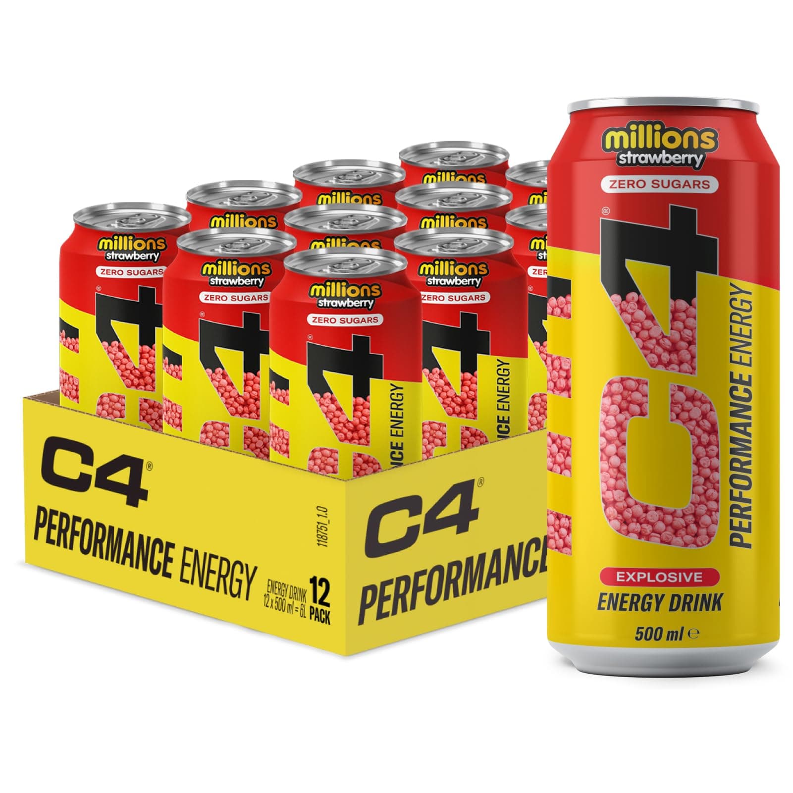 C4 Explosive Carbonated Energy Drink | Zero Sugar, Low Calorie Pre-Workout with 160mg Caffeine, Beta-Alanine & Taurine | Energy for Focus & Performance | Millions Strawberry | 500ml Cans | Pack of 12