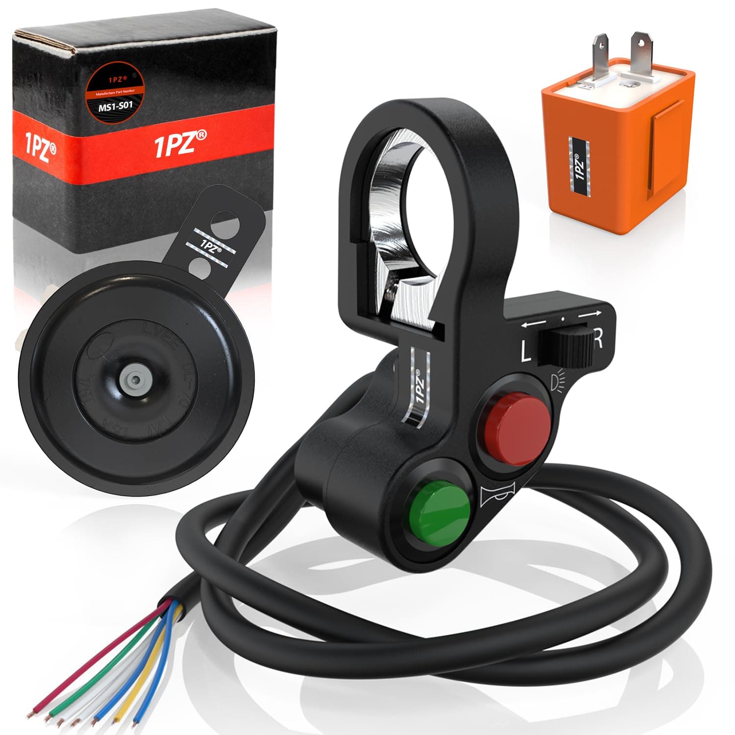 1PZ MS1-S01 7/8" Multi-Function Horn Turn Signal On/Off Light Switch + Flasher Relay + Horn Replacement for Honda Yamaha Suzuki Kawasaki Arctic Cat Motorcycle ATV Offroad