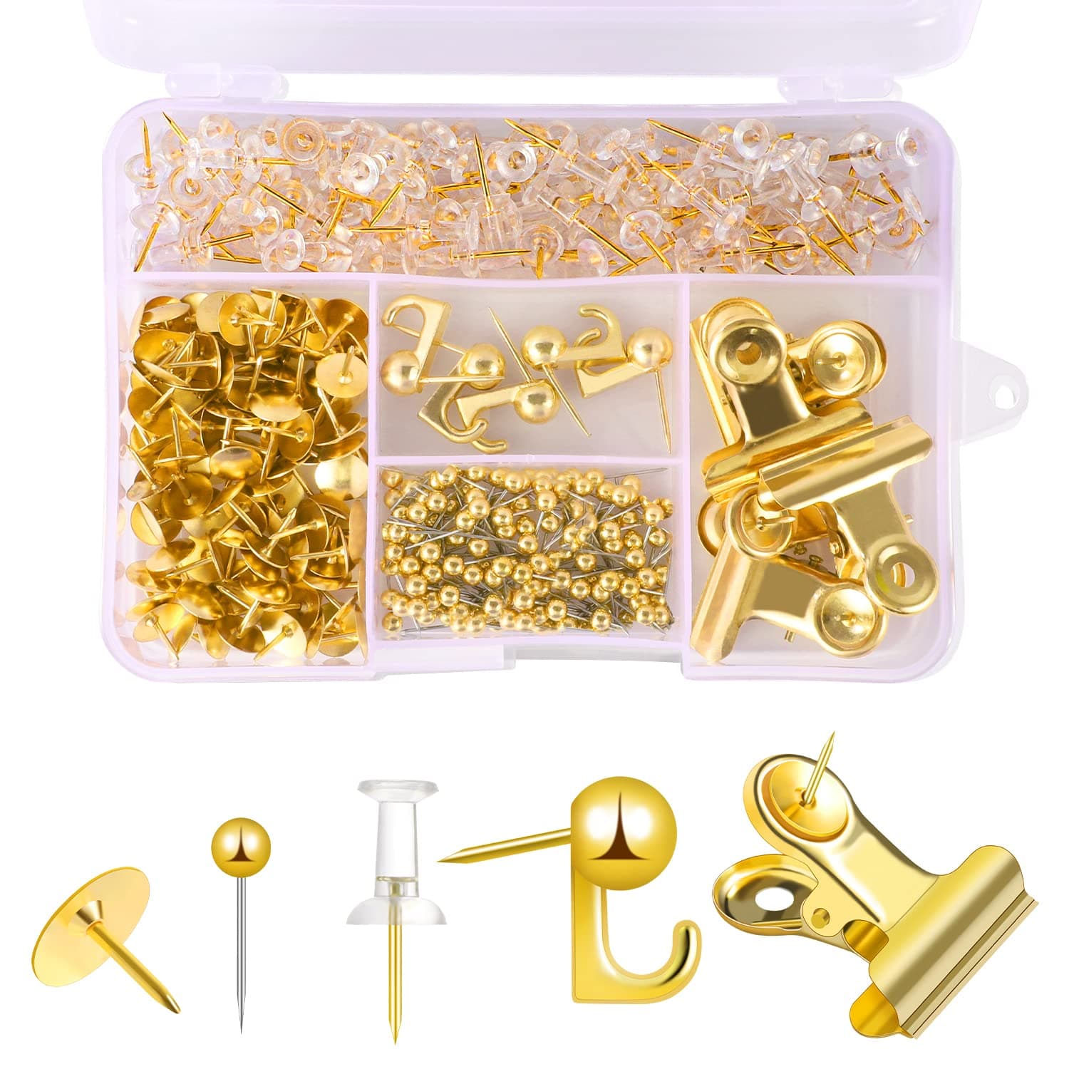 310 Pcs Gold Push Pins Set Thumb Tacks Decorative Push Pins for Cork Board with Push Pin Hook Pushpin Clip 5 Style Office Accessories for Cork Board Map Office (Gold)