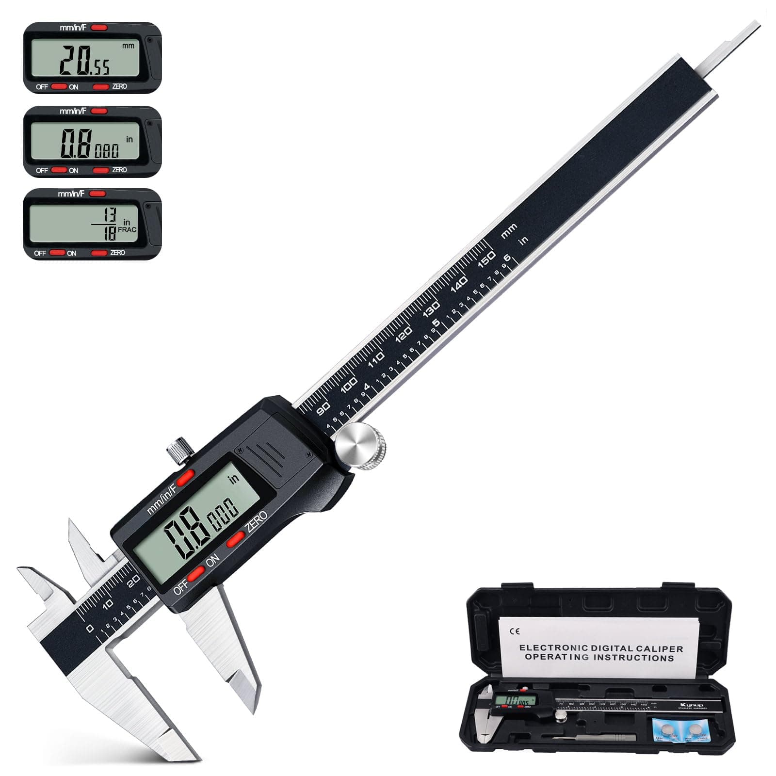 Digital Vernier Caliper, 150mm Digital Calipers Measuring Tool, Electronic Micrometer Measuring Tools Inch/Millimeter/Fraction Conversion, Auto-Off Function
