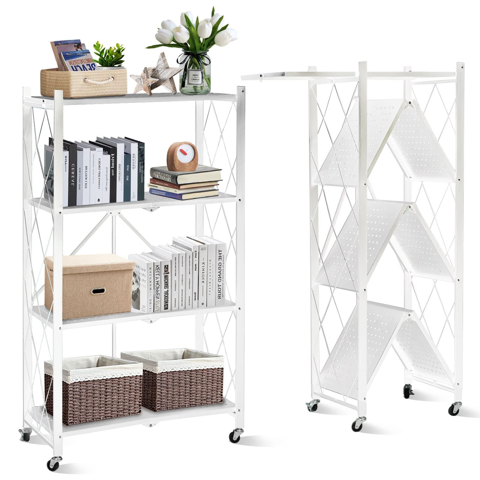 Foldable Storage Organizer 4 Tier, Storage Shelves Kitchen Cabinet Storage Rack, Shelf Storage Multipurpose Rack for Living Room Bedroom Kitchen Garage White