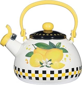 Supreme Housewares Whistling Tea Kettle for Stove Top Enamel on Steel Teakettle, Lemon and Checkered Pattern Teapot Water Kettle Cute Kitchen Accessories Teteras (2 Quart, Lemon)