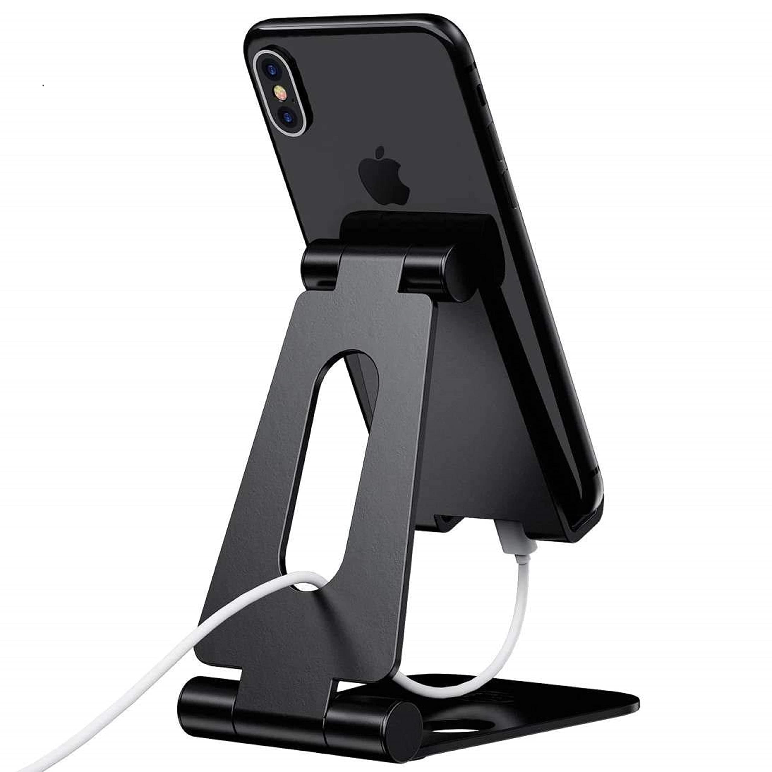 Aluminum Adjustable Mobile Phone Foldable Holder Tabletop Stand, Dock Mount for All Smartphones, Tabs, Kindle, iPad (Black)