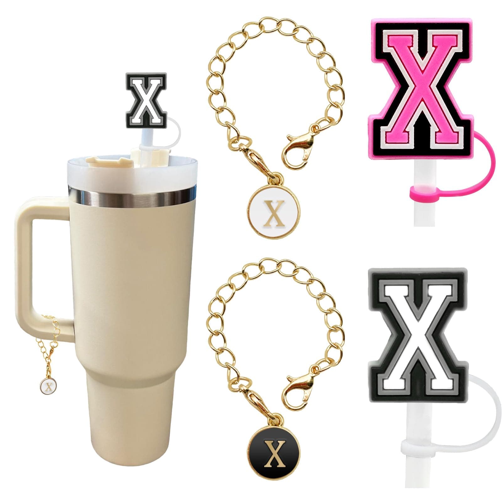 （2+2）2PCS Straw Cover for Stanley Cup 30&40 Oz 10mm Straw Topper with 2PCS Stanley Cup Accessories Letter Charms Name ID Initial Letter Handle Personalized Charm For Stanley Tumbler (Letter X)
