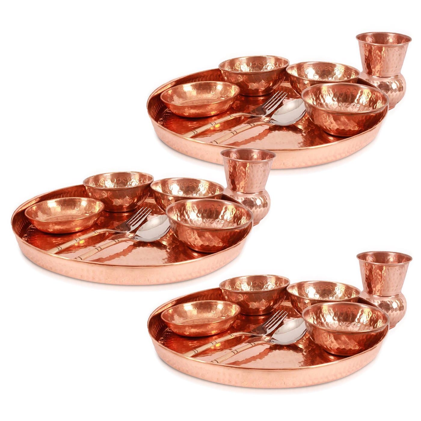 100% Pure Copper Best Quality Traditional Kitchen Dinner Set of 2 ( 3 Thali, 9 bowls, 3 pudding ,3 Spoon ,3 Fork, 3 Glass) Special Thali Plate For Home Decorative Restaurant Ware Hotel Home Gift