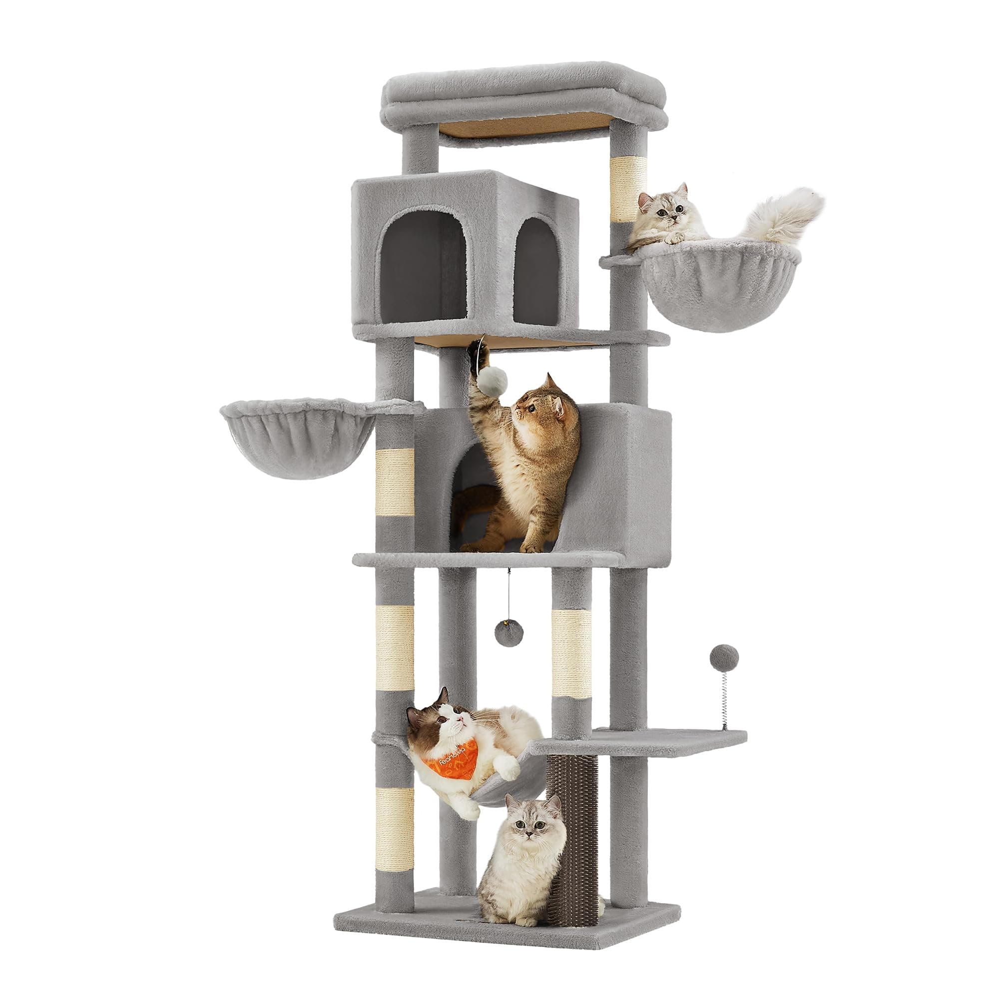 Feandrea Cat Tree, 69-Inch Tall Cat Tower, Multi-Level Plush Condo with 2 Caves, 2 Baskets, 5 Scratching Posts, Self-Groomer, Perch, Hammock, Dove Gray UPCT182G01