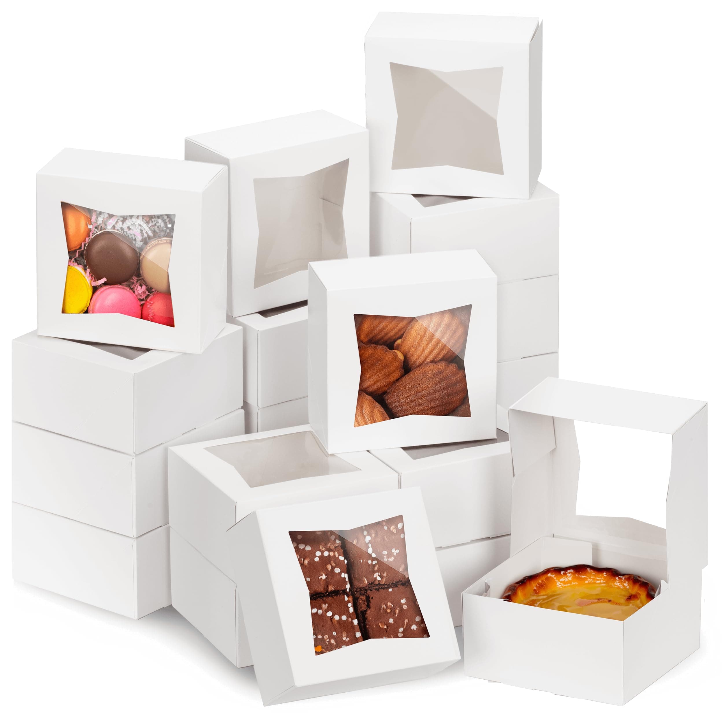 Fit Meal Prep 25 Pack Bakery Boxes with Window 6x6x3 Auto-Popup Cookie Box Cardboard Packaging for Cupcakes, Cakes and Pastry, Treat Box Charcuterie Box for Valentine's Day, Christmas, White