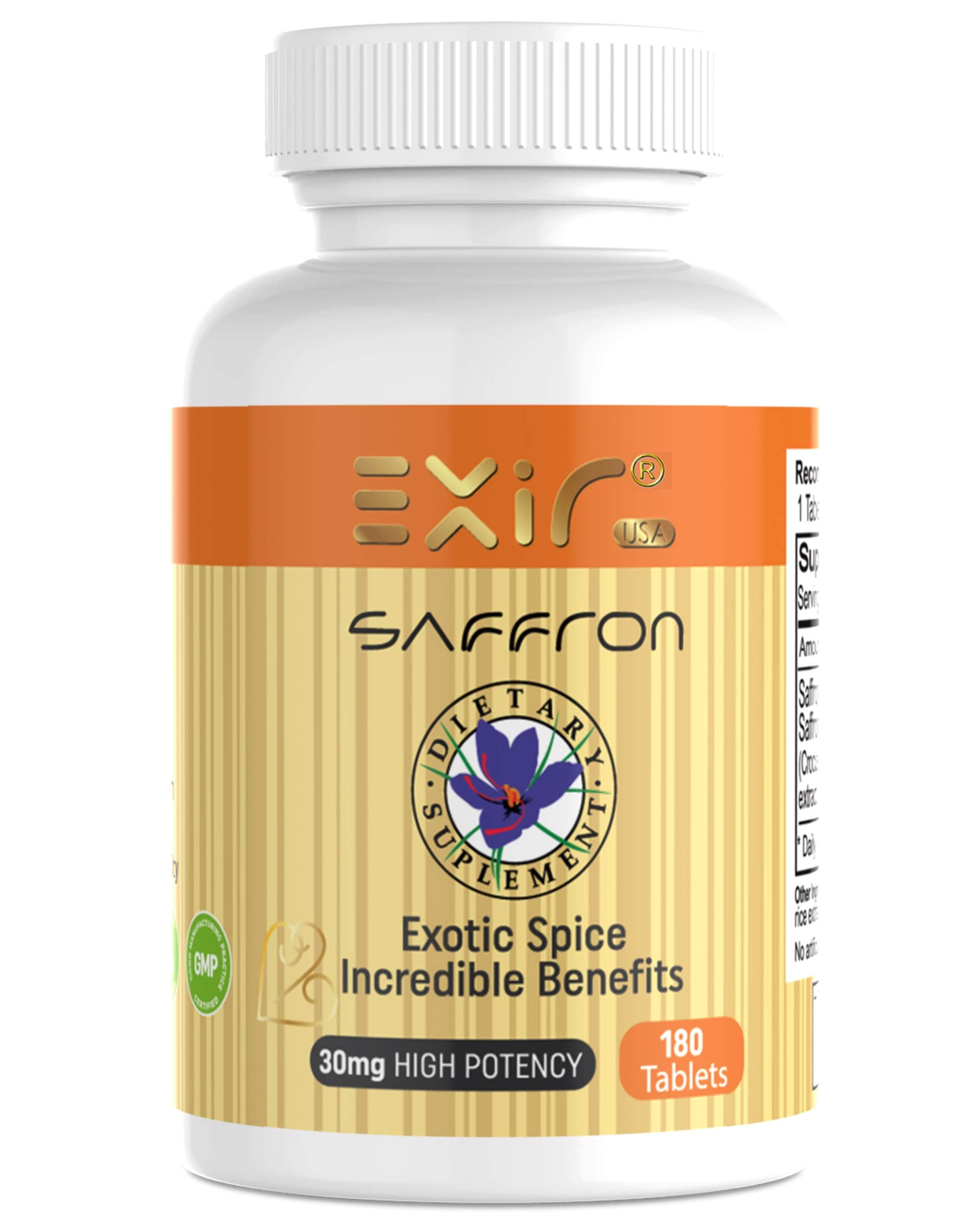 EXIR® Brain Function Booster - Supports Mental Clarity, Focus, Memory, Mood, Vision, High Potency Saffron + Saffron Extract 180-Tablets