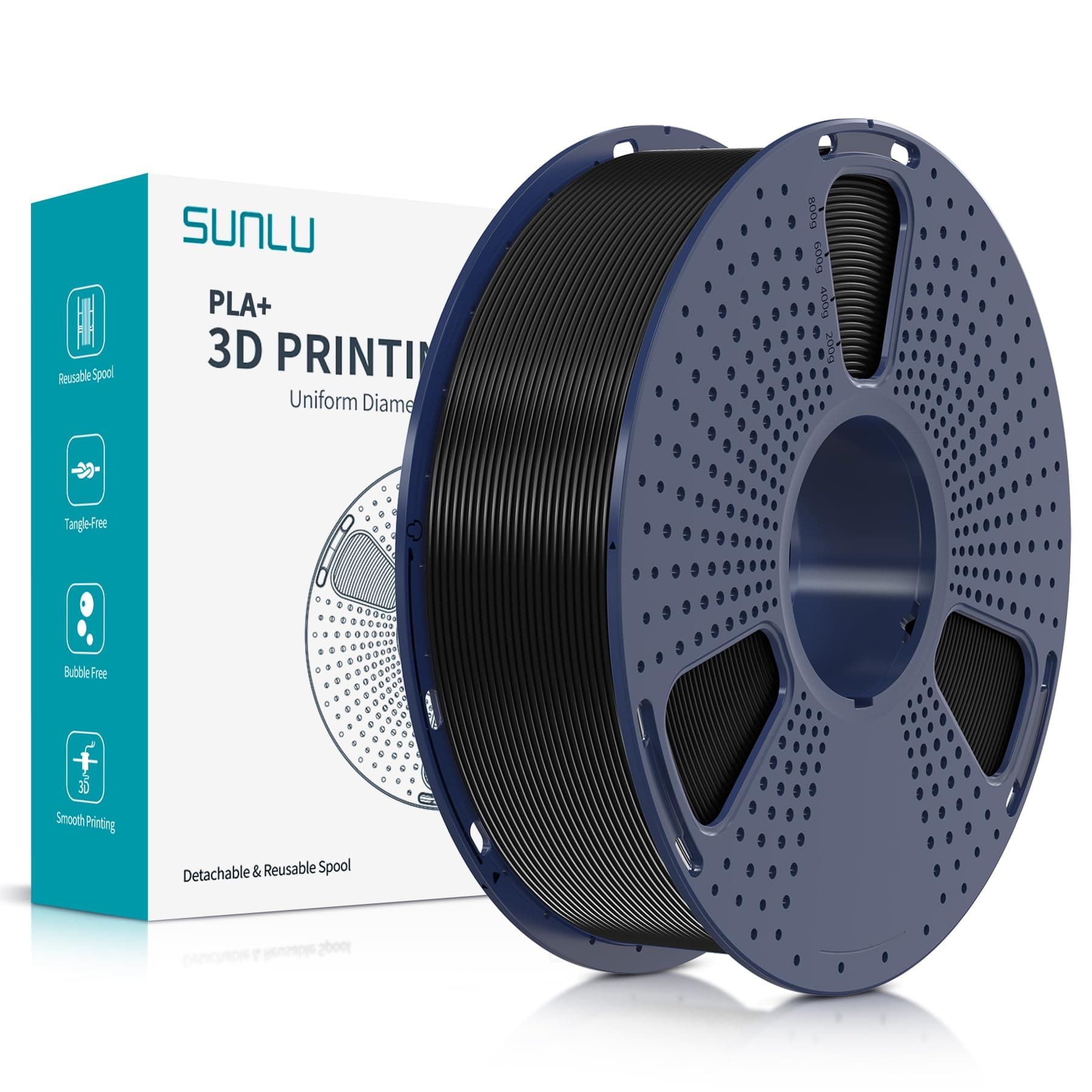 SUNLU PLA+ 3D Printer Filament, PLA Plus Filament 1.75mm, Toughness Enhanced 3D Filament Compatible with 3D FDM Printers, Dimensional Accuracy +/- 0.02 mm, 1 kg Spool(2.2 LBS), PLA+ Black