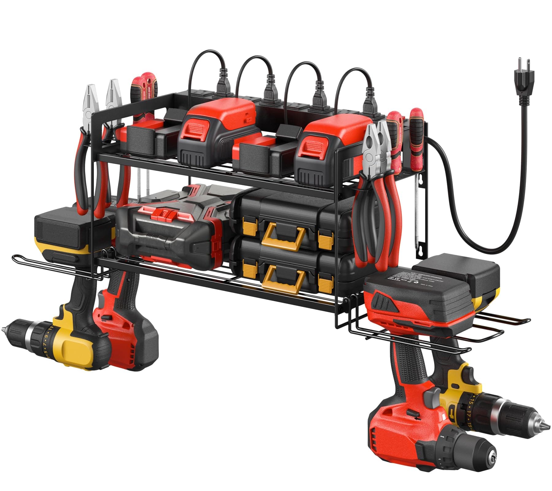 Garage Tools Storage with Charging Station. Power Tool Battery Organizer Utility Shelf with Power Strip. 4 Drills Holder Wall Mount Rack, Black.