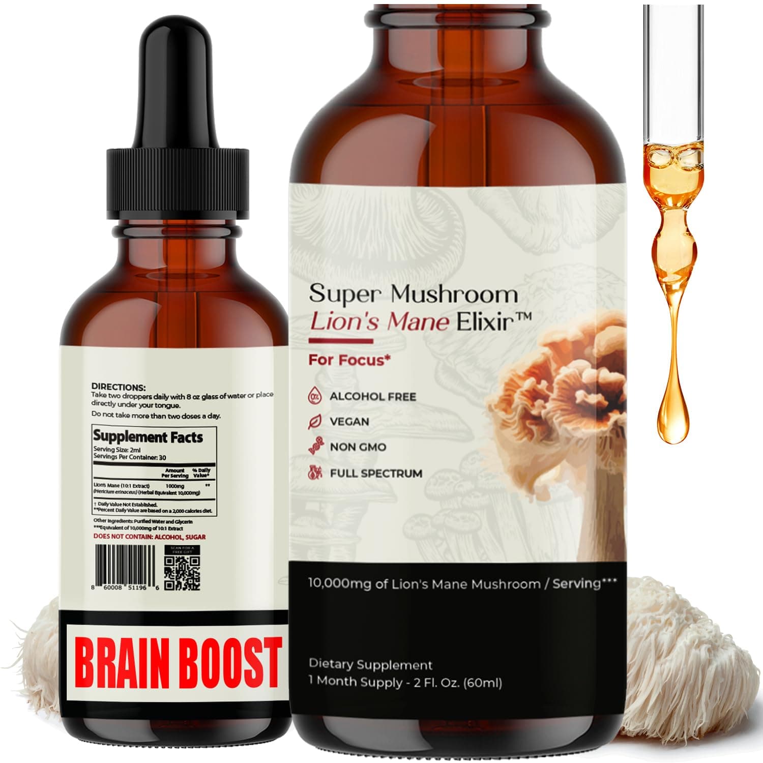 Auri Nutrition Lion’s Mane Liquid Elixir - Brain Supplements for Memory and Focus with Functional Mushrooms - Lions Mane Supplement, Full Spectrum Lion's Mane Extract - No GMO, Vegan Mushroom Tincture