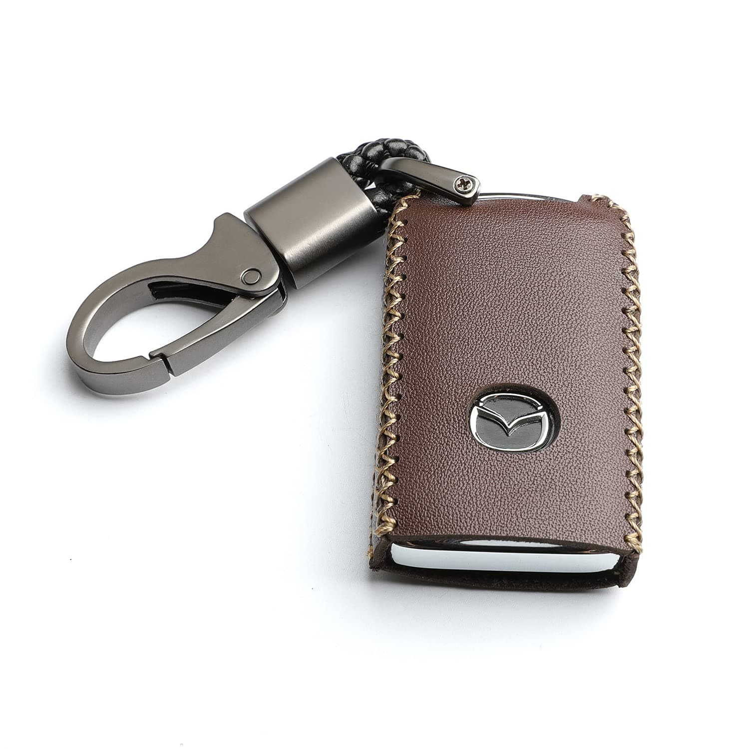 Leather for Mazda 3 Hatchback CX-5 CX-30 CX-9 Remote Smart 4 Buttons Key Case Holder Cover Fob Chain (Brown)