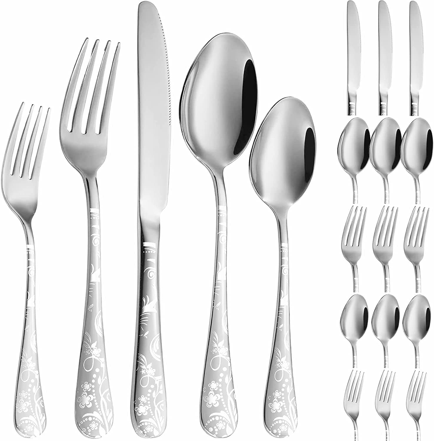 HCHANGEN Silverware Set, Stainless Steel Flatware Cutlery Set Includes Forks Knives Spoons, Unique Pattern Design Kitchen utensils set for Home Restaurant Hotel, Dishwasher Safe, 20 Pieces (Silver)