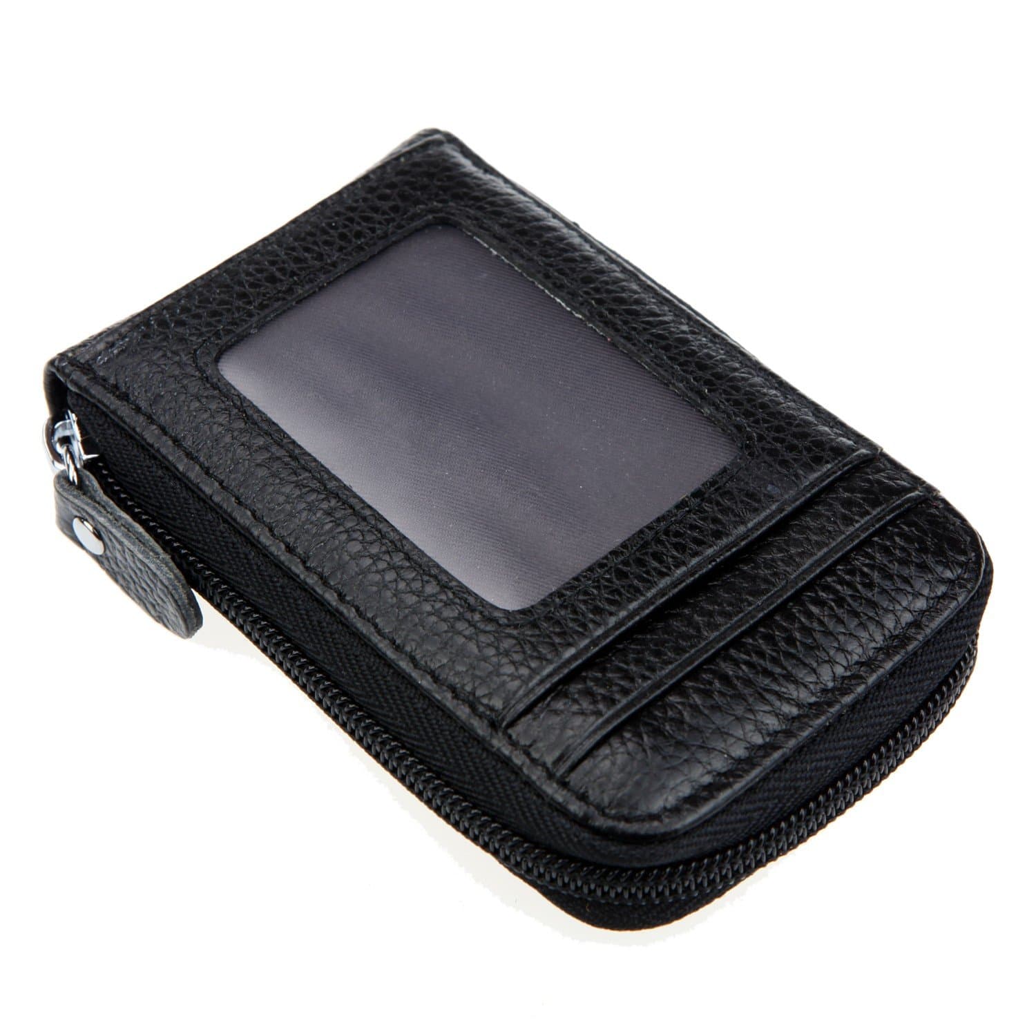 RFID Blocking Genuine Leather Mini Credit Card Case Organizer Compact Wallet with ID Window - Black