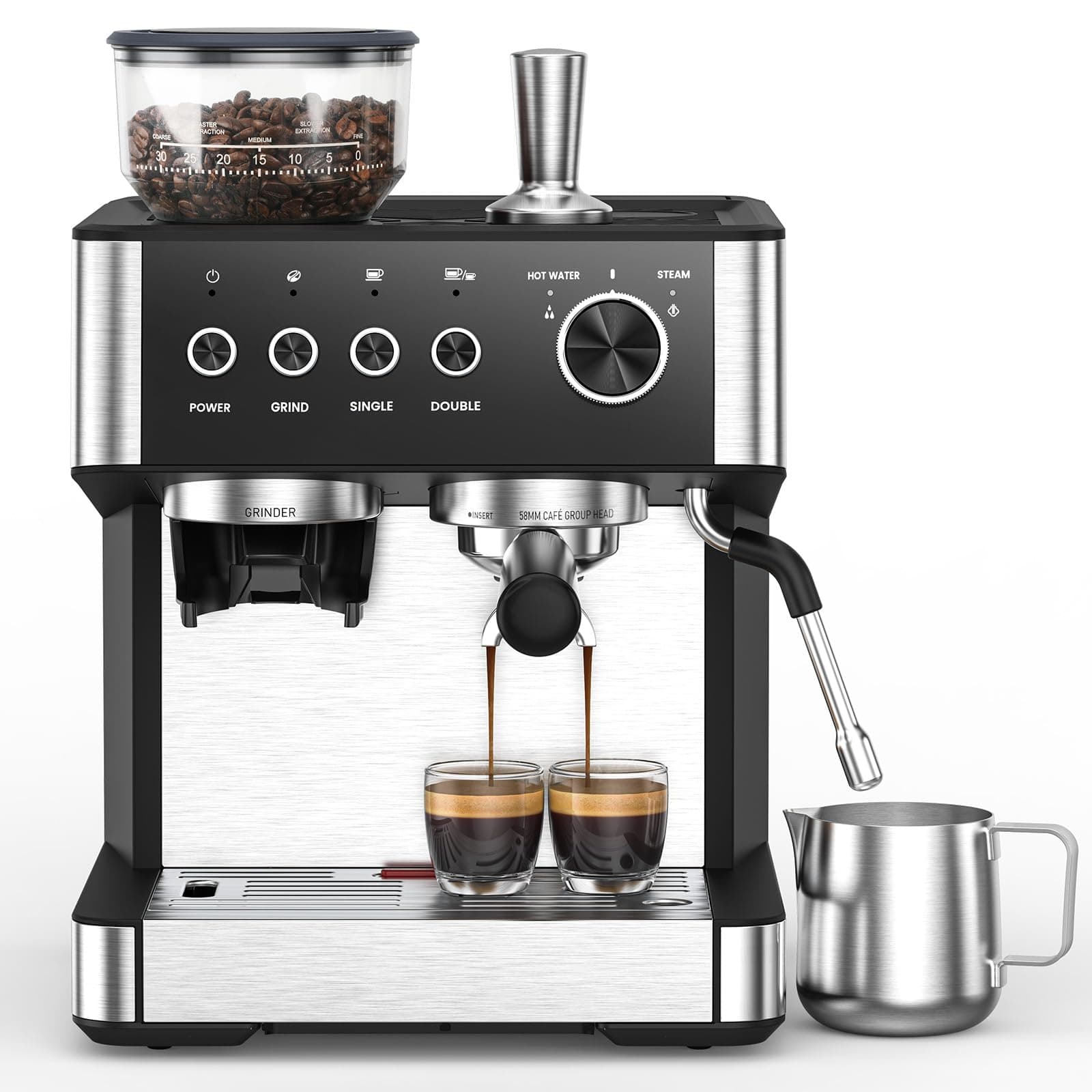 Electactic Espresso Machine 15 Bar with Built-in Anti-Clog Coffee Grinder,Stainless Steel Coffee Maker with 77.8 oz Removable Water Tank for Cappuccino/Latte,Home&Office,Black