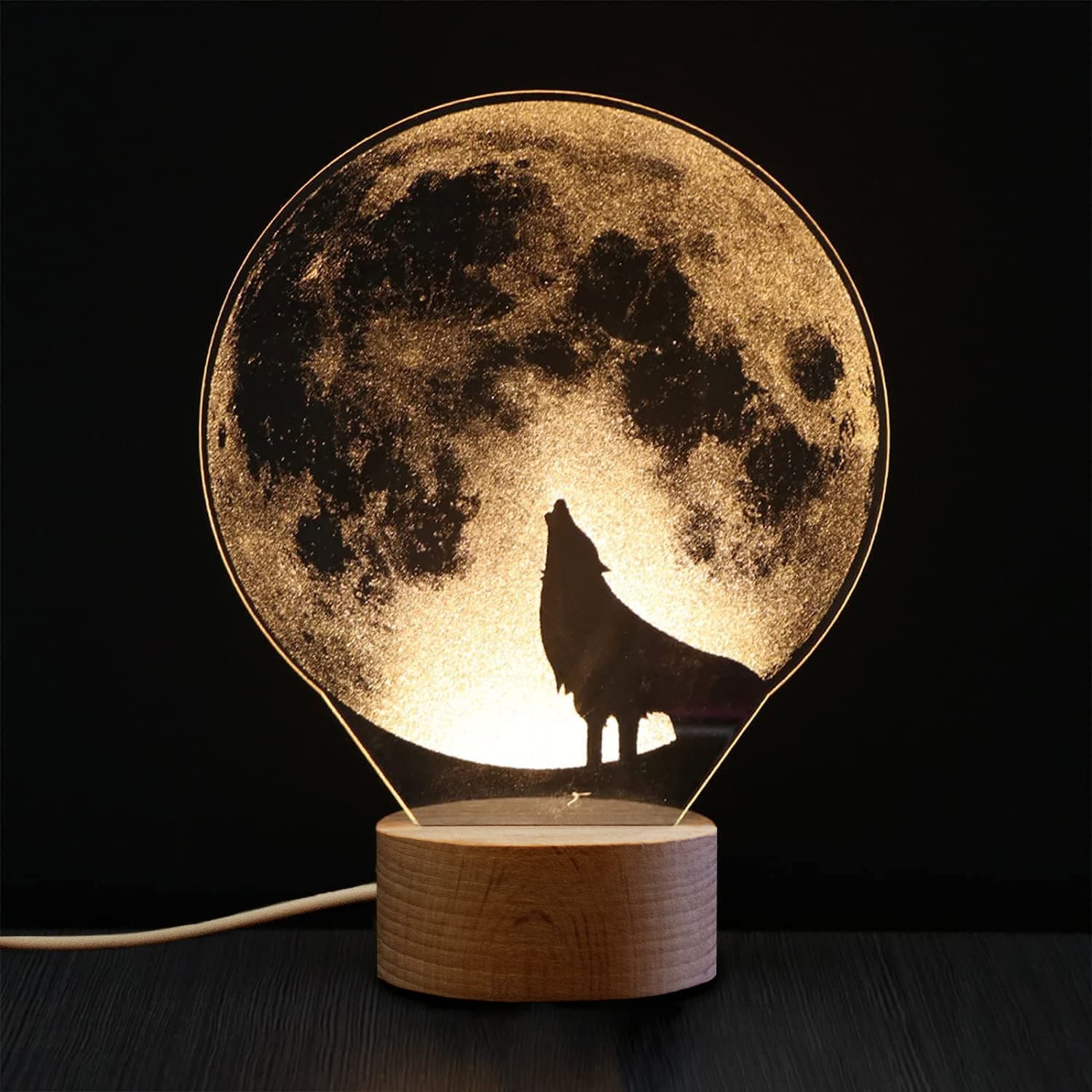 LED Table Lamp 3D Illusion Night Light Desk Lamp USB 3D Illusion Lamp, Acrylic Creative Toys Decorations, Warm White (Wolf)