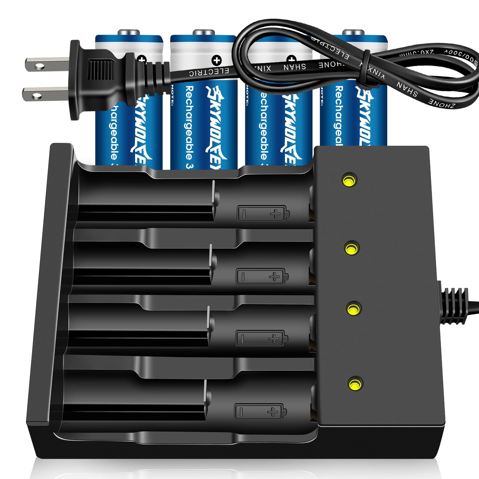 4 Pack 3.7 Volt Button Top Rechargeable Batteries and 18650 Battery Charger,Lithium Battery 4000mAh for Flashlights, Headlamps, Doorbells, RC Cars,Outdoor Garden Lights（Battery and Charger）