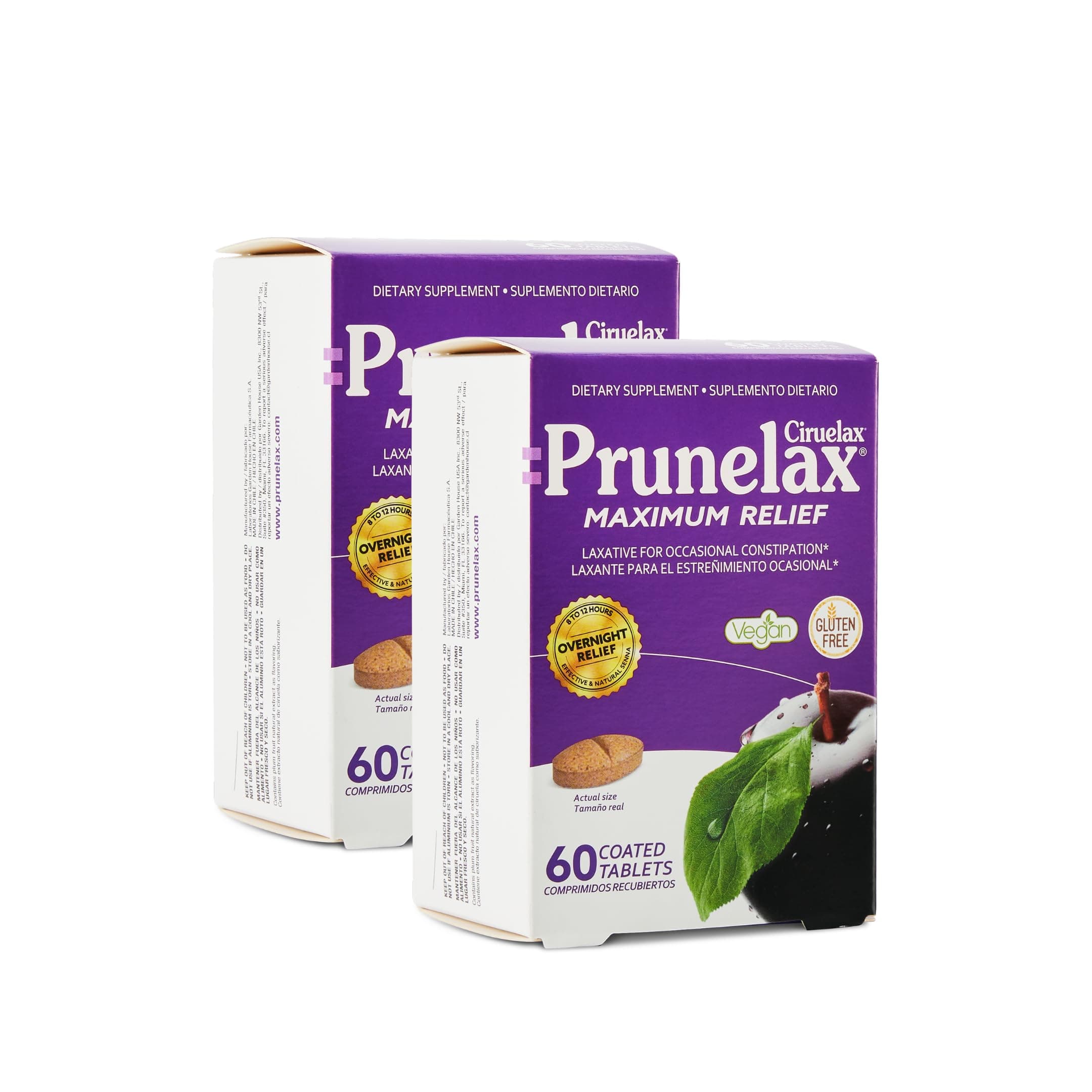 Prunelax Tablets - Extra Strength Natural Laxative Supplement Containing High Strength Senna for Constipation Relief & Restore Normal Bowel Motion - 2X 60ct (120 Total Tablets)
