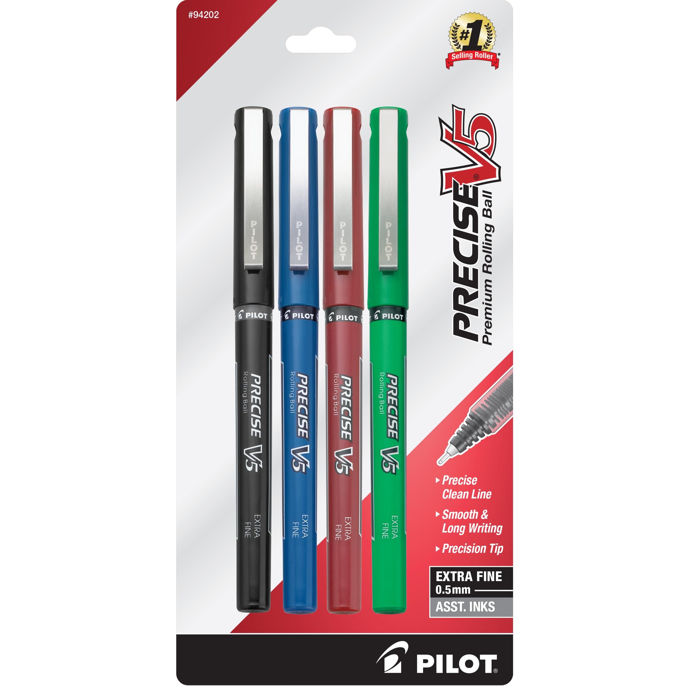 Precise V5 Capped Liquid Ink Rollerball Pens, Extra Fine Point Ink Pens 0.5 mm, Colored Pens, Assorted Colors, Pack of 4 - Ideal for School, Journaling, & Office Writing