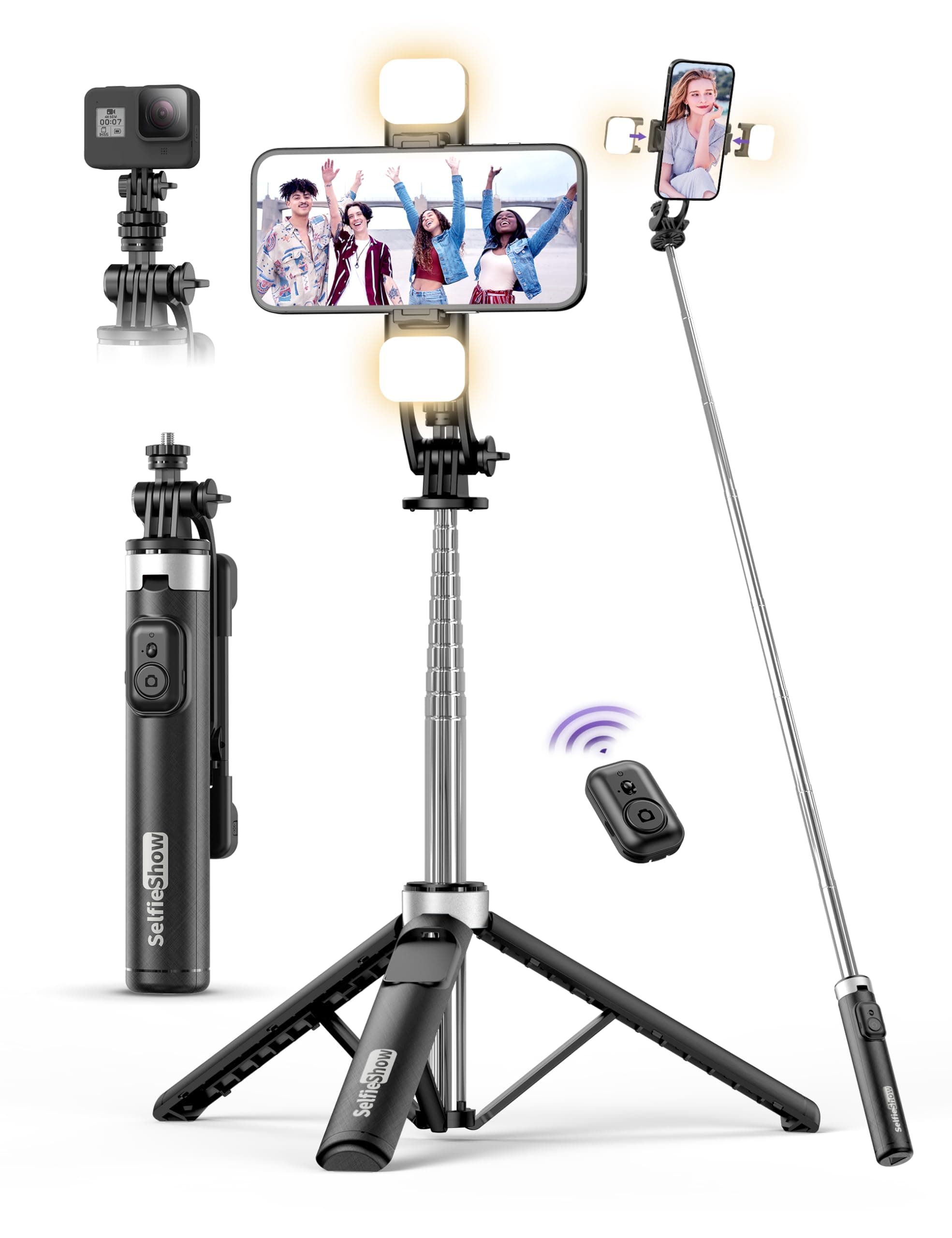 53'' Selfie Stick Tripod with Light, Extendable Selfie Stick with Remote, Portable Cell Phone Tripod Stand with All in 1 Phone Clip, Lightweight Camera Tripod Compatible with iPhone 15 14 13, Android
