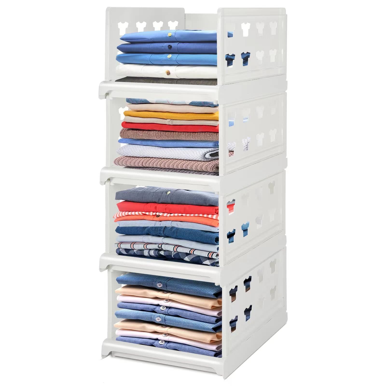 Hossejoy Extra Large Set of 4 Stackable Wardrobe Storage Organiser, Foldable Wardrobe Storage Box Organizer, Plastic Closet Organiser Shelves Basket, Perfect for Home, Bedroom, Office