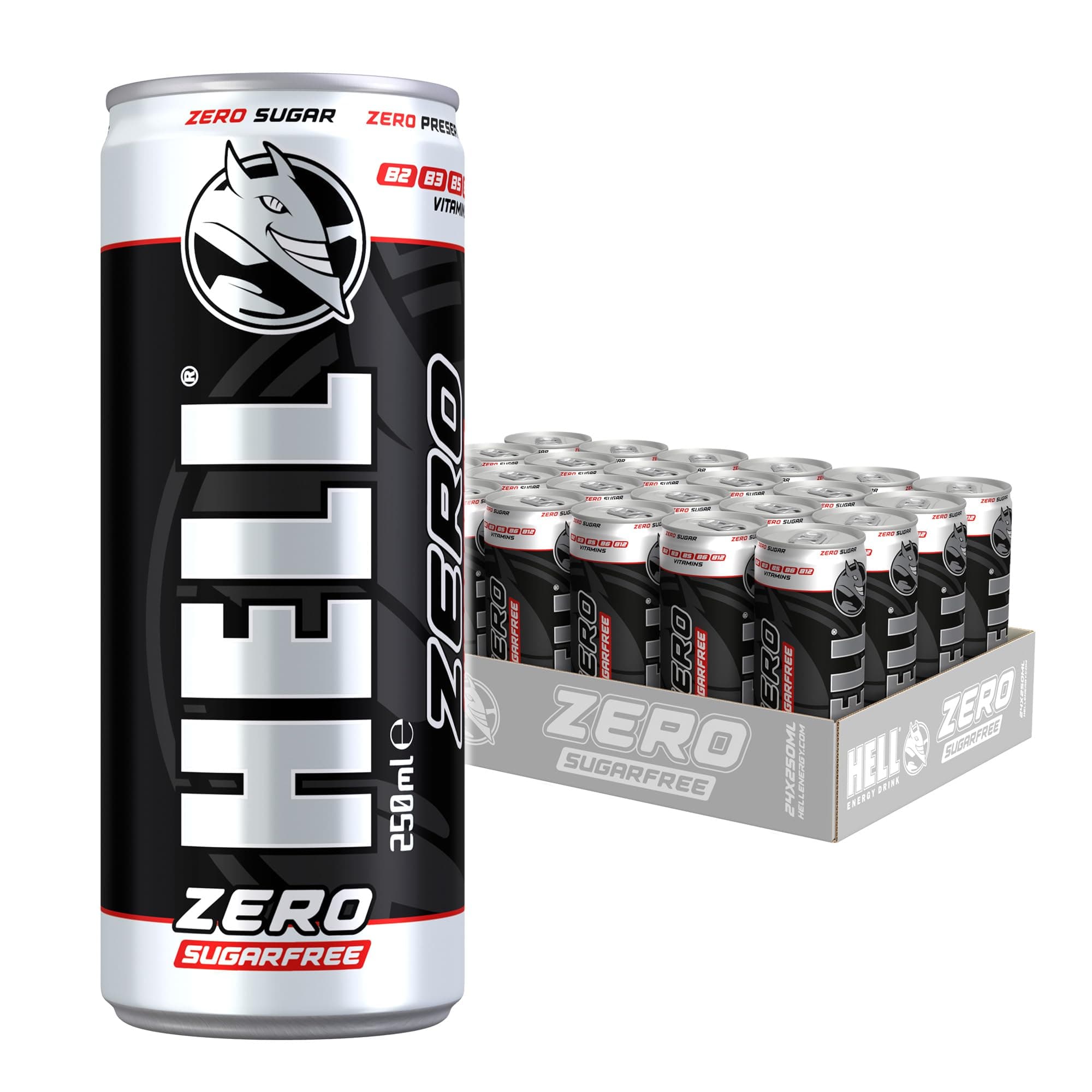HELL Energy Drink Zero | Sugar-Free | 24 x 250ml Cans Multipack | 32mg/100ml Caffeine | Contains Vitamins B2 B3 B5 B6 B12 | Preservative Free | Vegan | Reduce Fatigue & Boost Energy