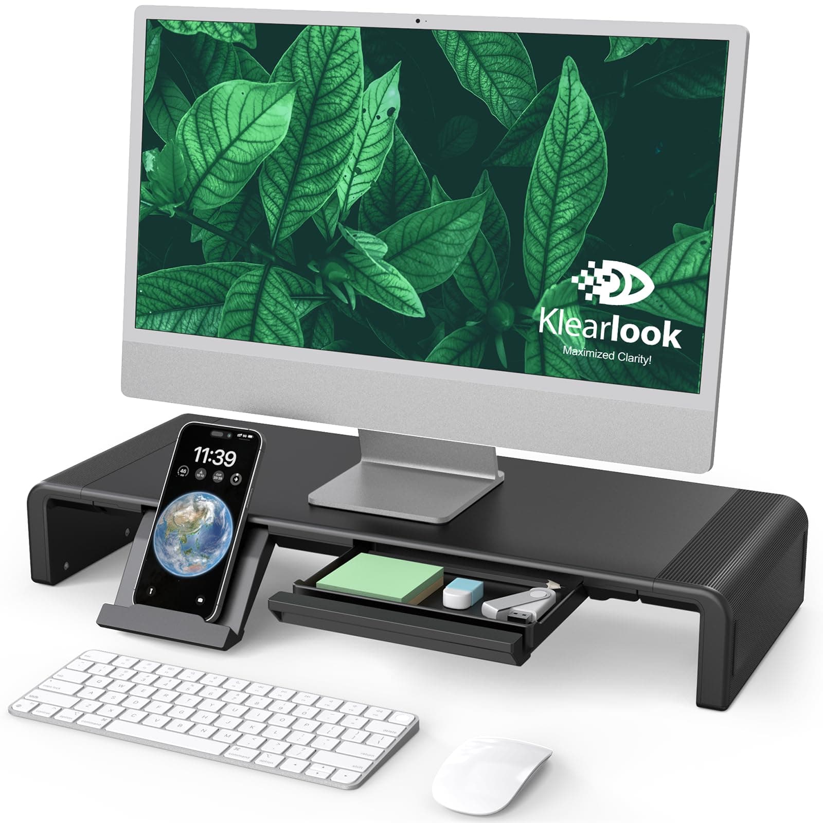 Klearlook Maximized Clarity! Monitor Stand Computer Riser with Adjustable Length Storage Drawer Tablet and Phone Stand Holder for TV PC Laptop Computer Printer Fax Machines [Woodgrain Black]