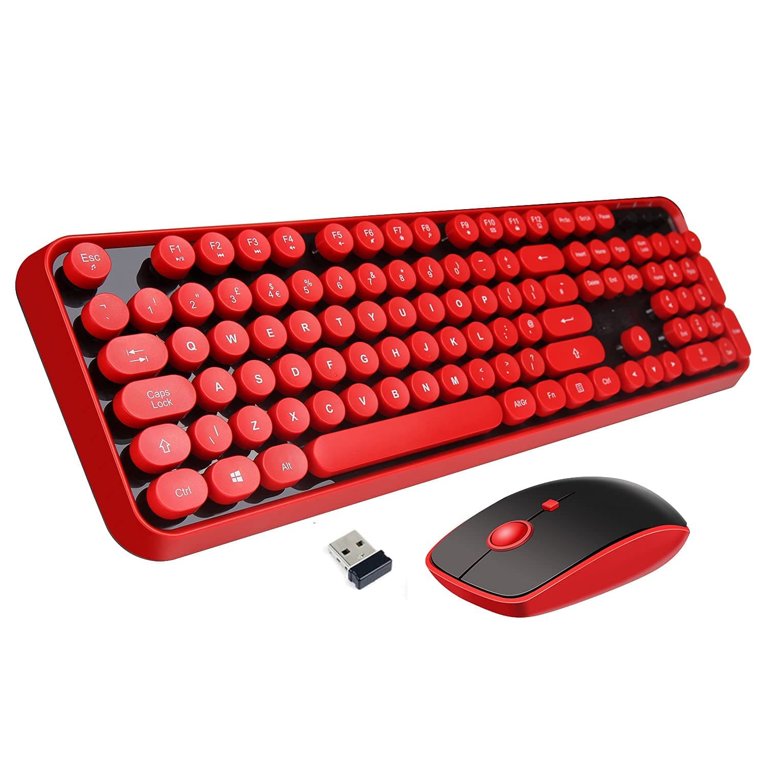 Red Wireless Keyboard and Mouse Combo, Retro Typewriter Style Round Key Keyboard with Bubble Keycaps, 2.4GHz Full Size with Number Pad, Cute Aesthetic Clicky Creamy Keyboard for PC Laptop Desktop