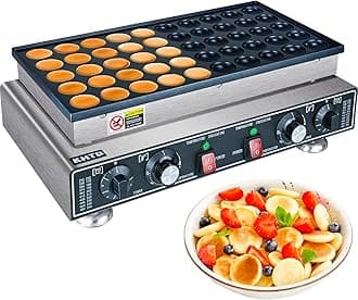 Mini Pancake Maker Machine, 50PCS Electric Nonstick Dutch Pancake Maker 110V 1600W, Commercial Muffin Maker with 2 Thermostats & 2 Timers Separate Control for Home Restaurant (12"D×21"W×7"H)