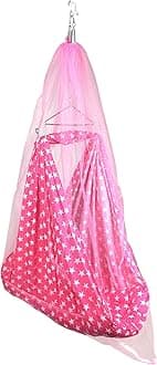 beetot 4 in 1 Baby Cradle Set Swing/Jhula (Thottil Cloth, Palna, Dolna) | Hanging Cradle with Removable Bed, Mosquito Net, Spring, Triangle Hanger | Up to 15 kg | 0-2 Years | PRE-DRK Pink-Star Print