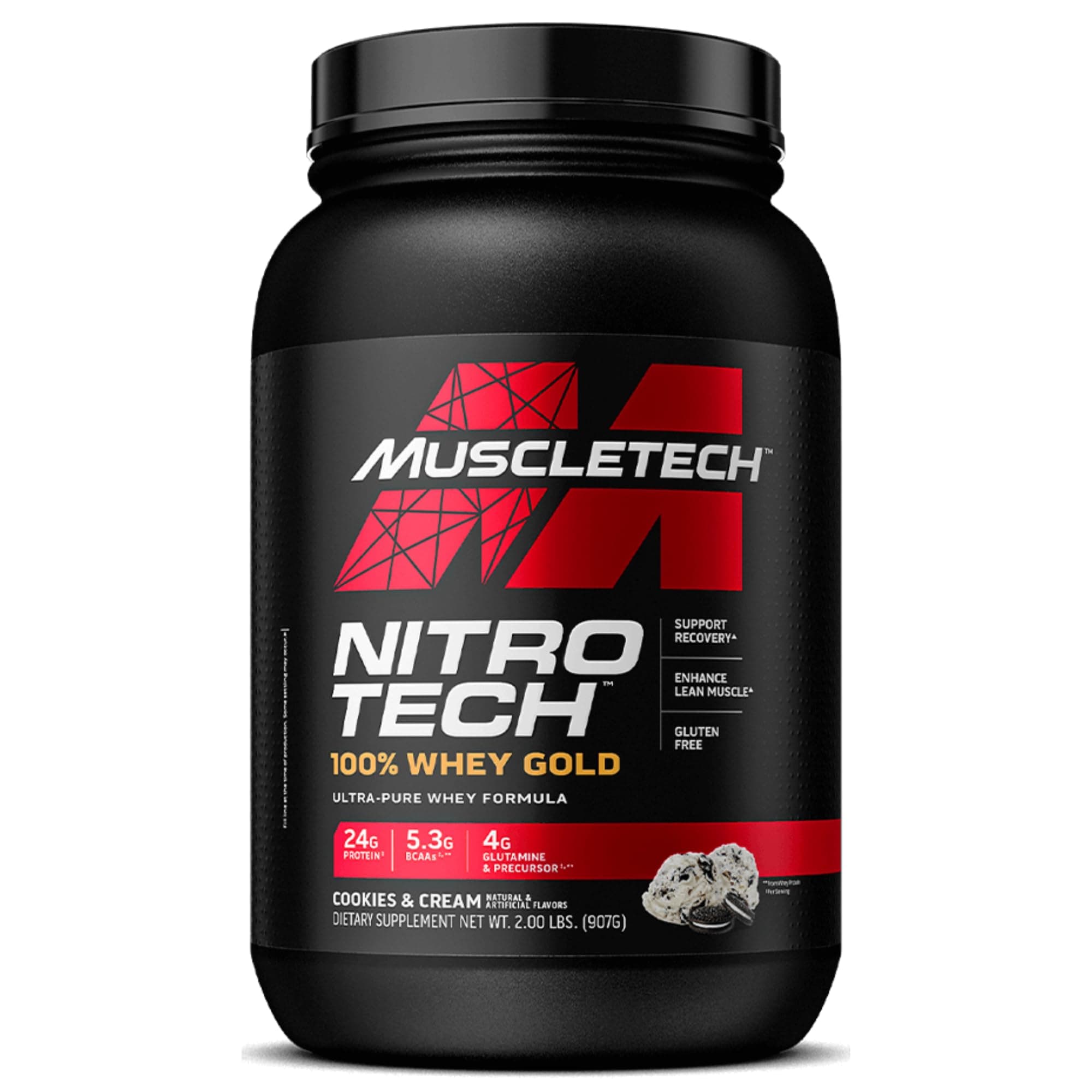 Muscletech Nitro Tech Ultra-Pure Whey Protein Formula for Fast Recovery Gluten Free with 24 grams Protein, 5.3 grams BCAAs & 4 grams Glutamine & Precursor, Cookies & Cream Flavor, 2.00 lbs