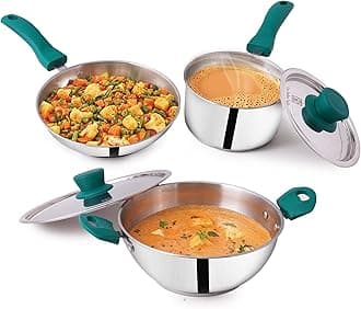Stainless Steel Cookware Set 3-Layer Thick Bottom - Set Of 5Pcs | Fry Pan (22.8Cm/1.5L)+ Kadai (22.6Cm/2.1L) + Sauce Pan (16.9Cm/1.5L) | Kitchen Cooking Combo Pots & Pans, Silver