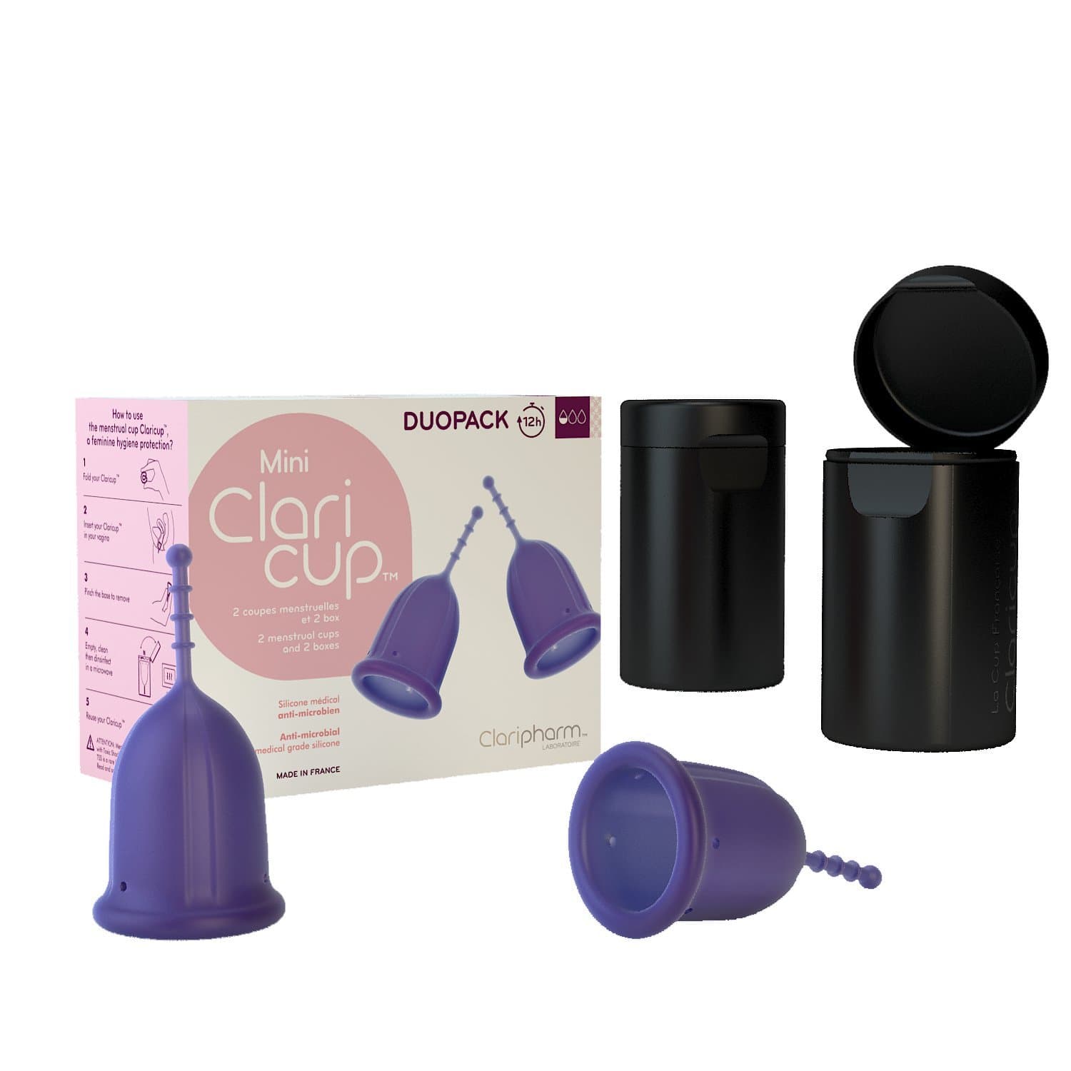 CLARIPHARMDuopack Two Antimicrobial Menstrual Cup Size 0 - Comes with Its Carrying & Disinfection Box - The Softness Period Cup