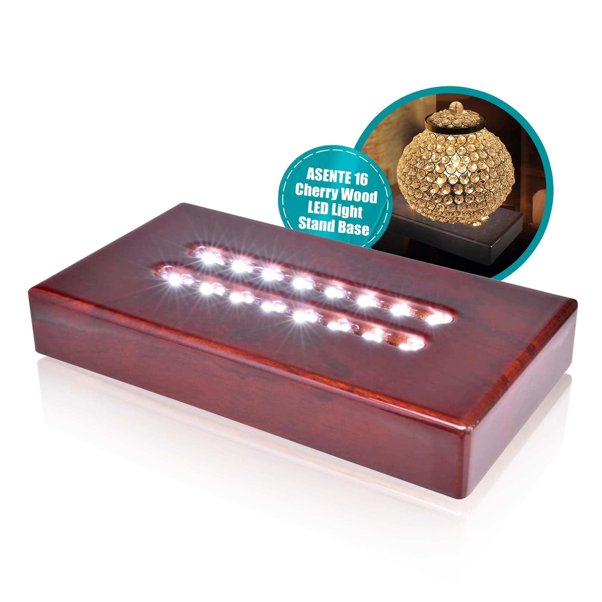 16 LED Light Base for Glass Art - Illuminated Rectangle Display Pedestal - Lighted Stand For 3D Crystal and Glass Sculptures - Adapter Plug Powered - 6.50 Inch Lighted Mirror Box (Cherry Wood)