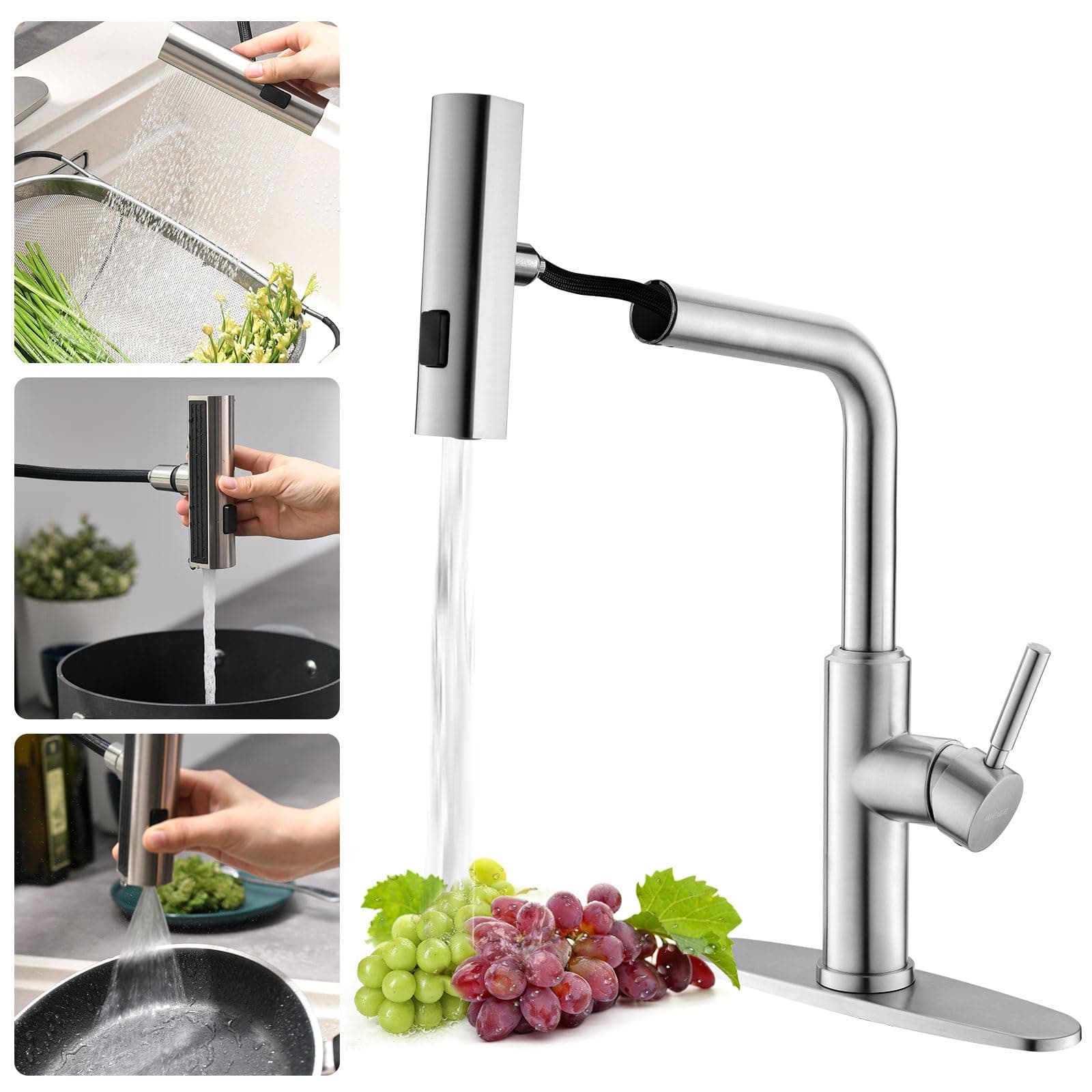 Waterfall Kitchen Faucet with Pull Down Sprayer, 3 Modes(Sweep/Stream/Waterfall) Rotary Switch Mode Stainless Steel Kitchen Sink Faucet Single Lever Handle Brushed Nickel Sink Fuacet