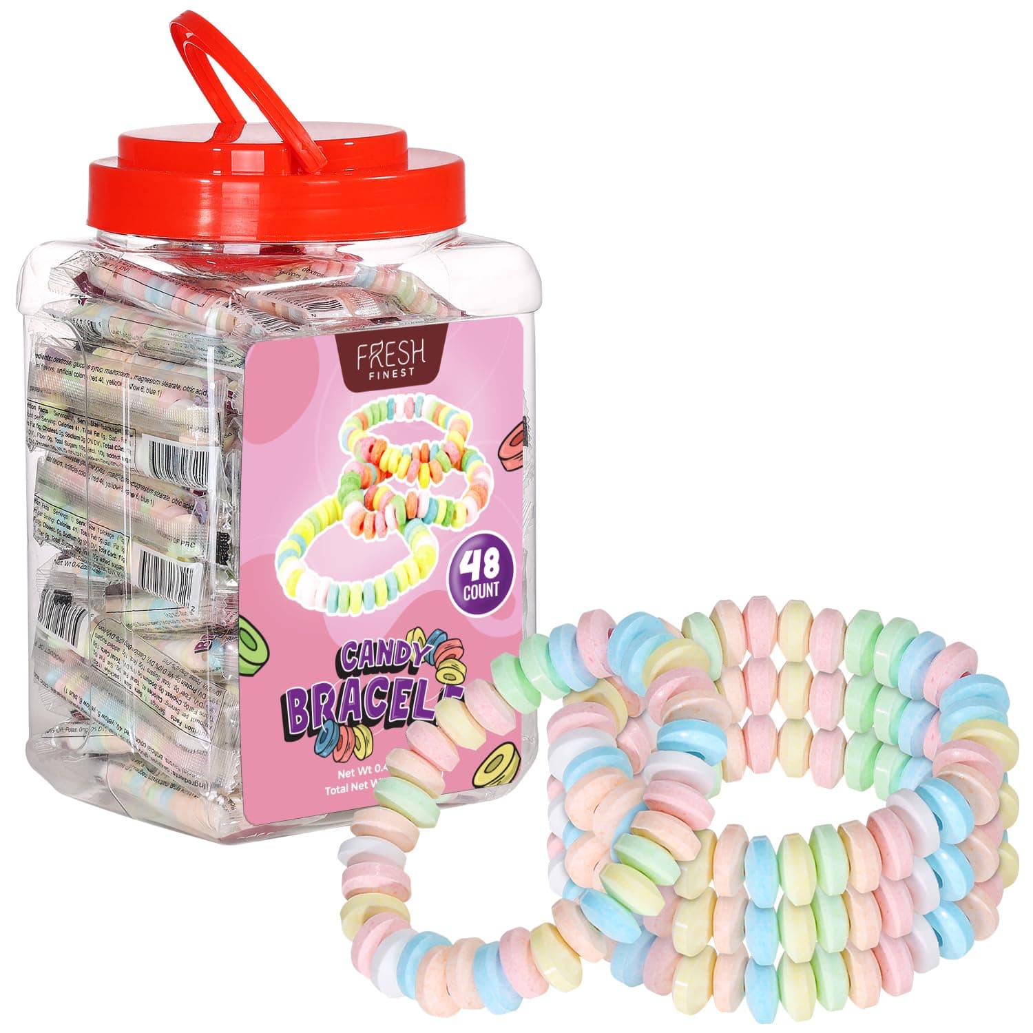 Fresh Finest 48-Count Bulk Candy Bracelets - Individually Wrapped Novelty Candy Bracelets. Perfect for Party Favors, Goody Bags, Candy Buffets, and Retro-Themed Events.
