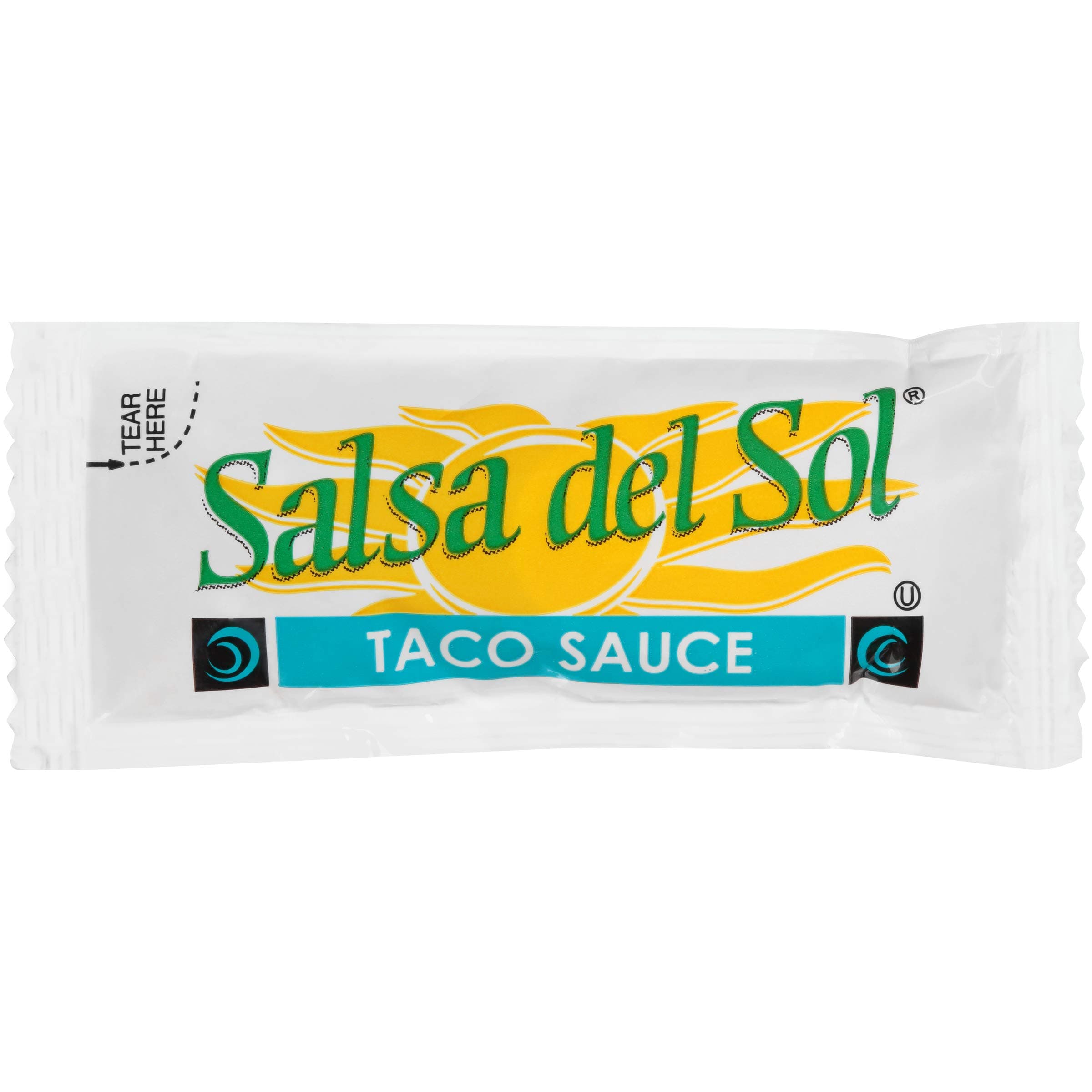 Salsa Del Sol Taco Sauce, Single Serve, 9 g., Pack of 500. A hot and spicy premium taco sauce, deep red to reddish-brown in color with bits of spices suspended throughout.