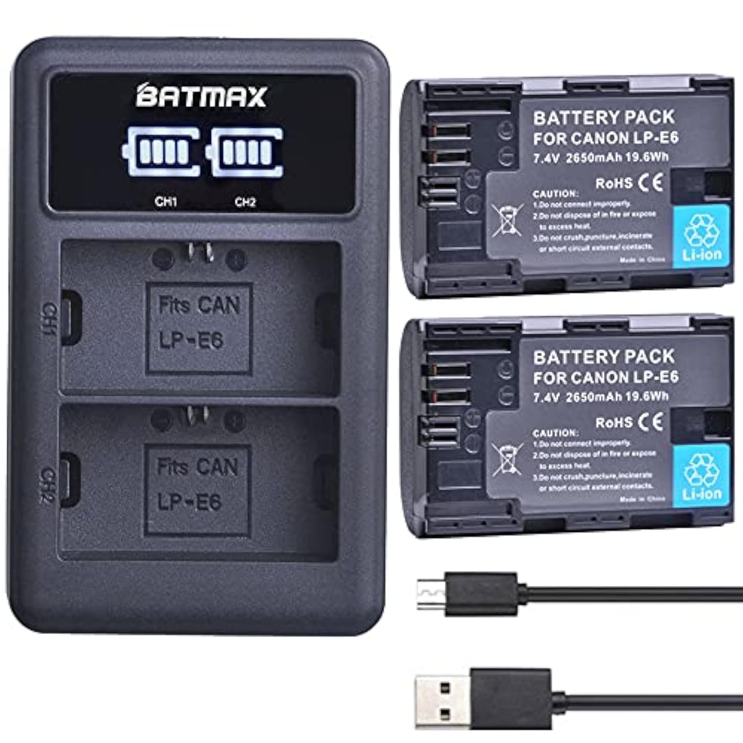 2Pcs 2650mAh LP-E6 LP-E6N Battery + LED Dual Charger for Canon EOS R, R5, R6, Ra, XC10, XC15, 5D Mark II/III/IV, 5DS, 5DS R, 6D, 6D Mark II, 7D, 7D Mark II, 70D, 80D, 90D,Blackmagic 4K/6K